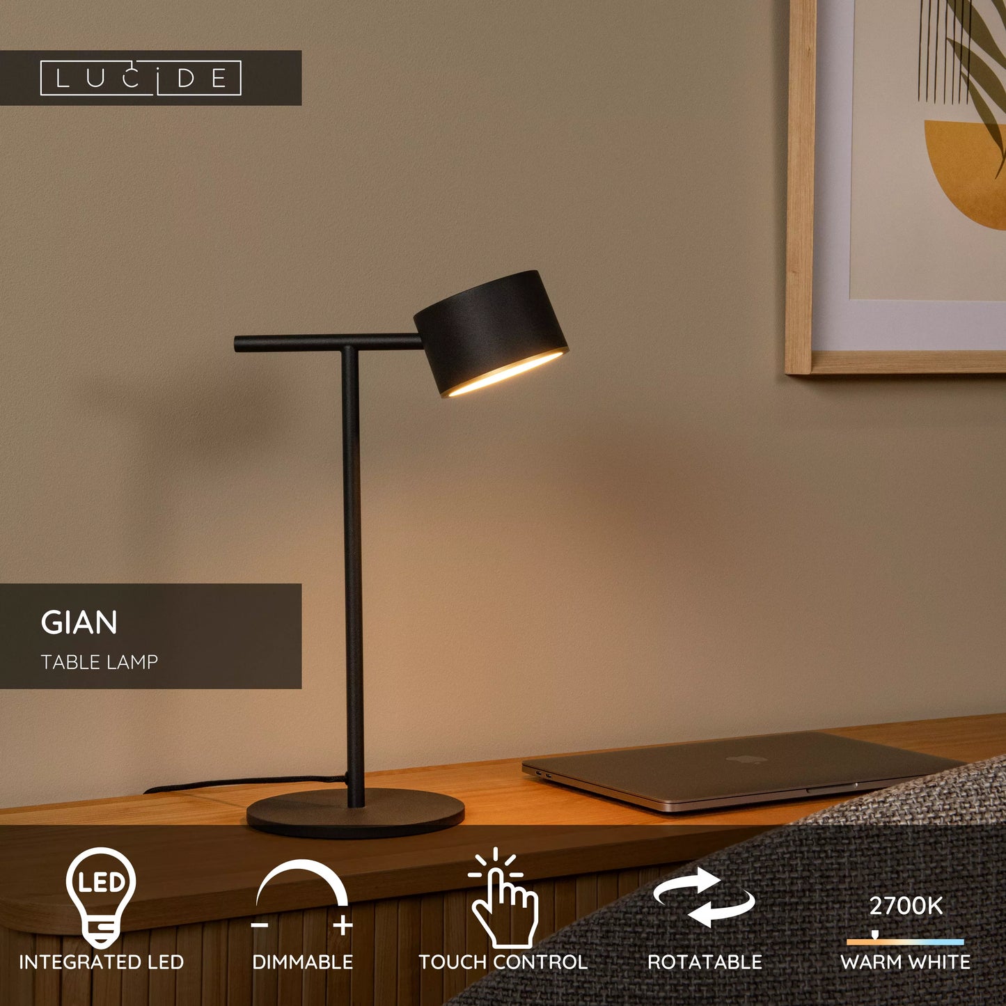 Lucide GIAN - Table lamp - LED Dim. - 1x9W 2700K - Black