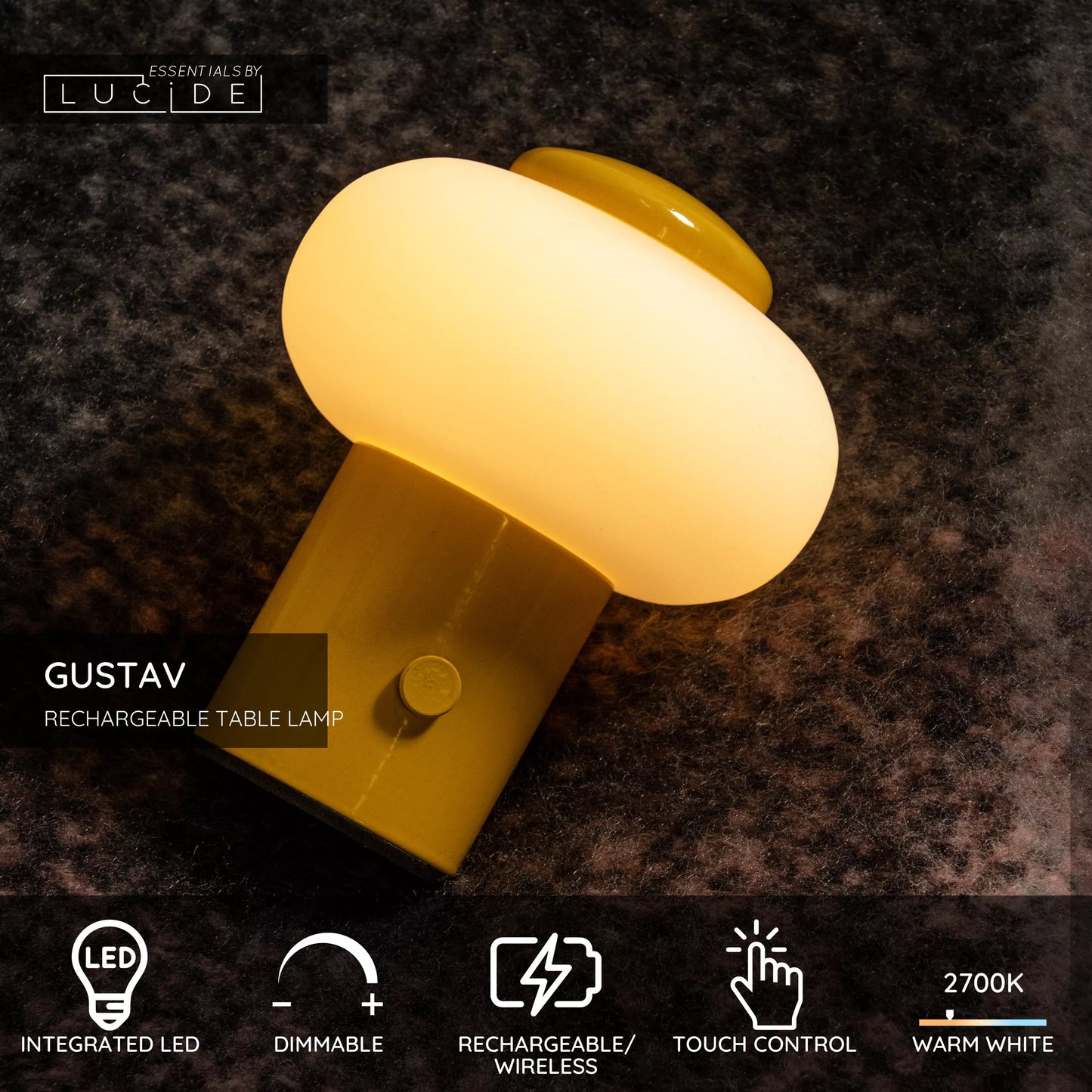 Lucide GUSTAV - Rechargeable Table lamp - Battery pack - Ø 8 cm - LED Dim. - 1x0,8W 2700K - Yellow | Essential