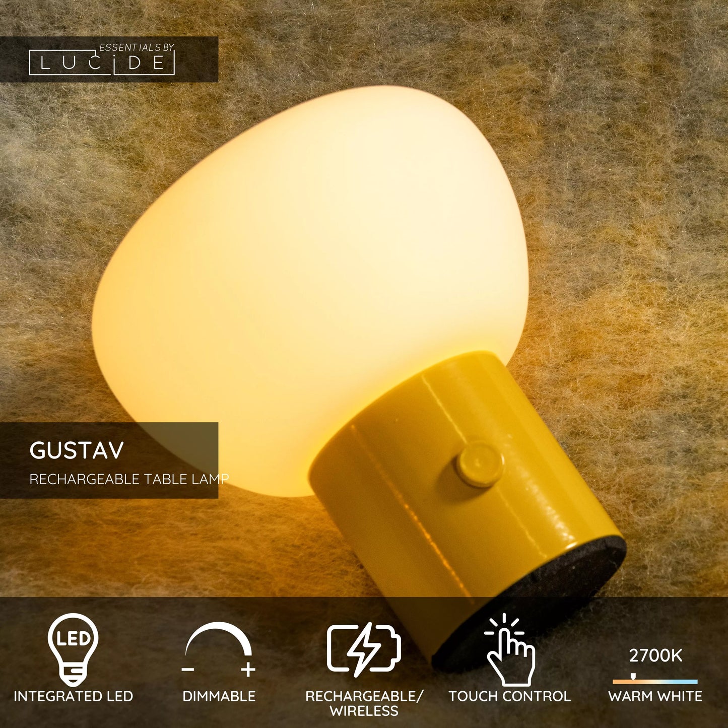 Lucide GUSTAV - Rechargeable Table lamp - Battery pack - Ø 8 cm - LED Dim. - 1x0,8W 2700K - Yellow | Essential