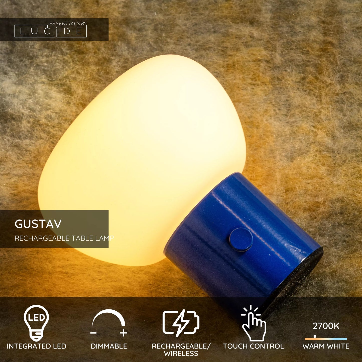 Lucide GUSTAV - Rechargeable Table lamp - Battery pack - Ø 8 cm - LED Dim. - 1x0,8W 2700K - Blue | Essential