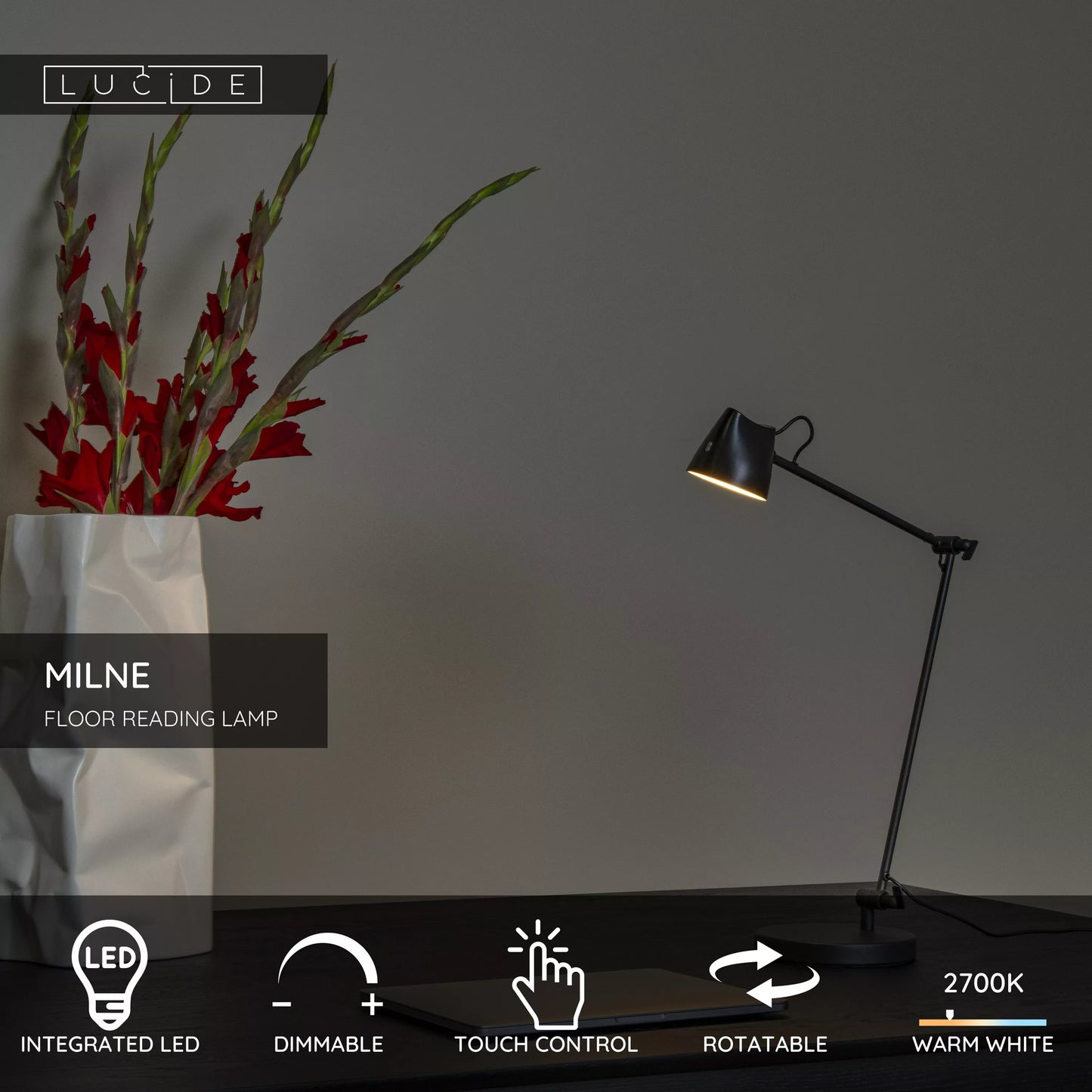 Lucide MILNE - Floor reading lamp - LED Dim. - 1x8W 2700K - Black
