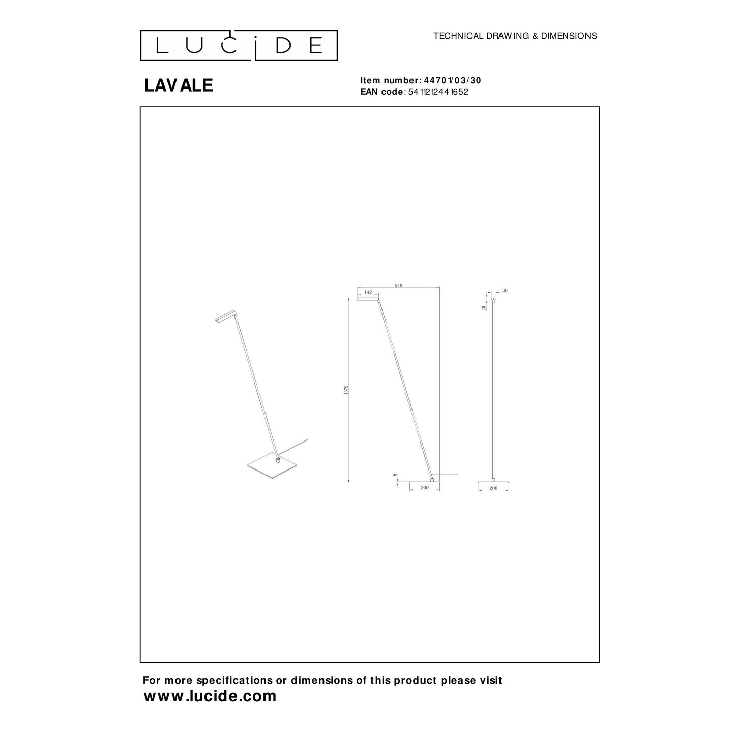 Lucide LAVALE - Floor reading lamp - LED Dim. - 1x3W 2700K - Black