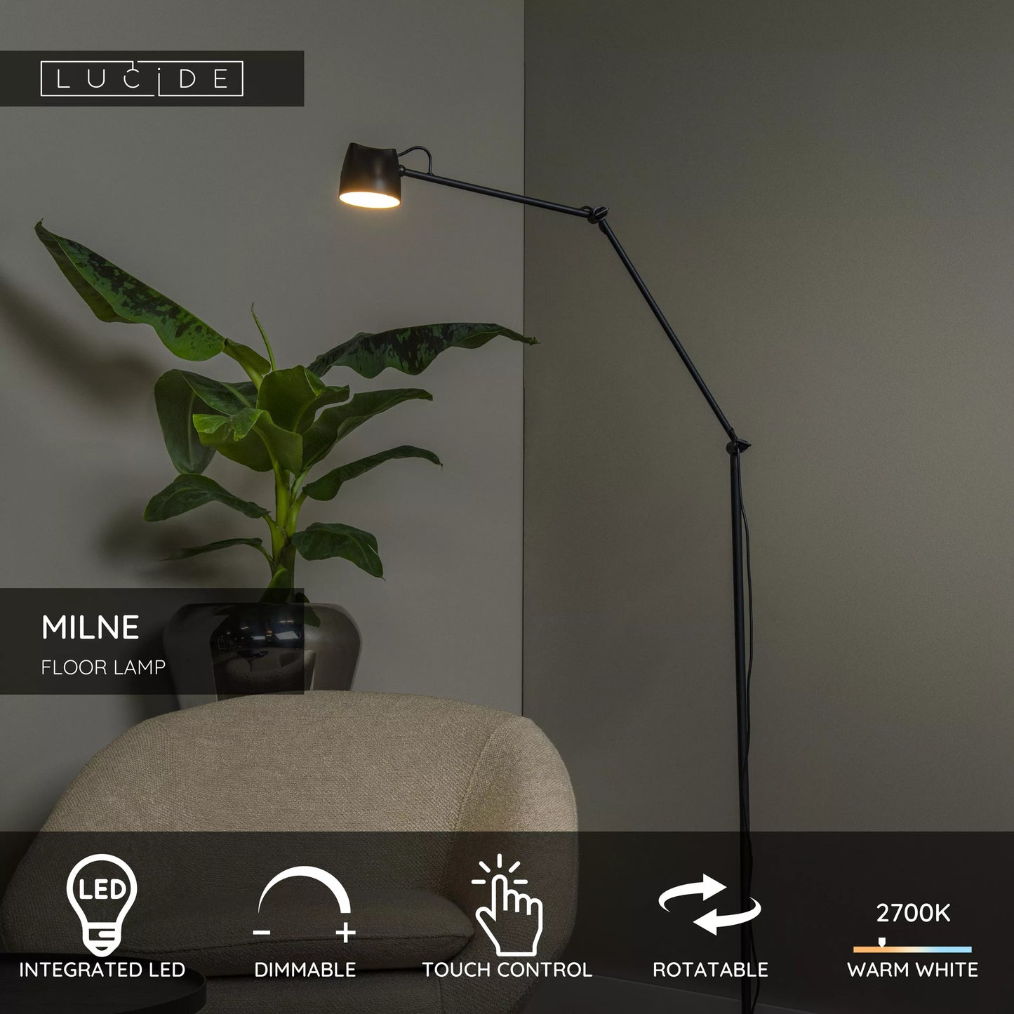 Lucide MILNE - Floor lamp - LED Dim. - 1x8W 2700K - Black