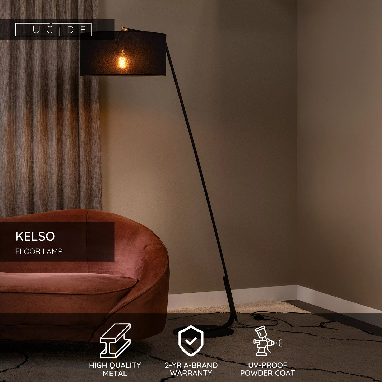 Lucide KELSO - Floor lamp - 1xE27 - Black