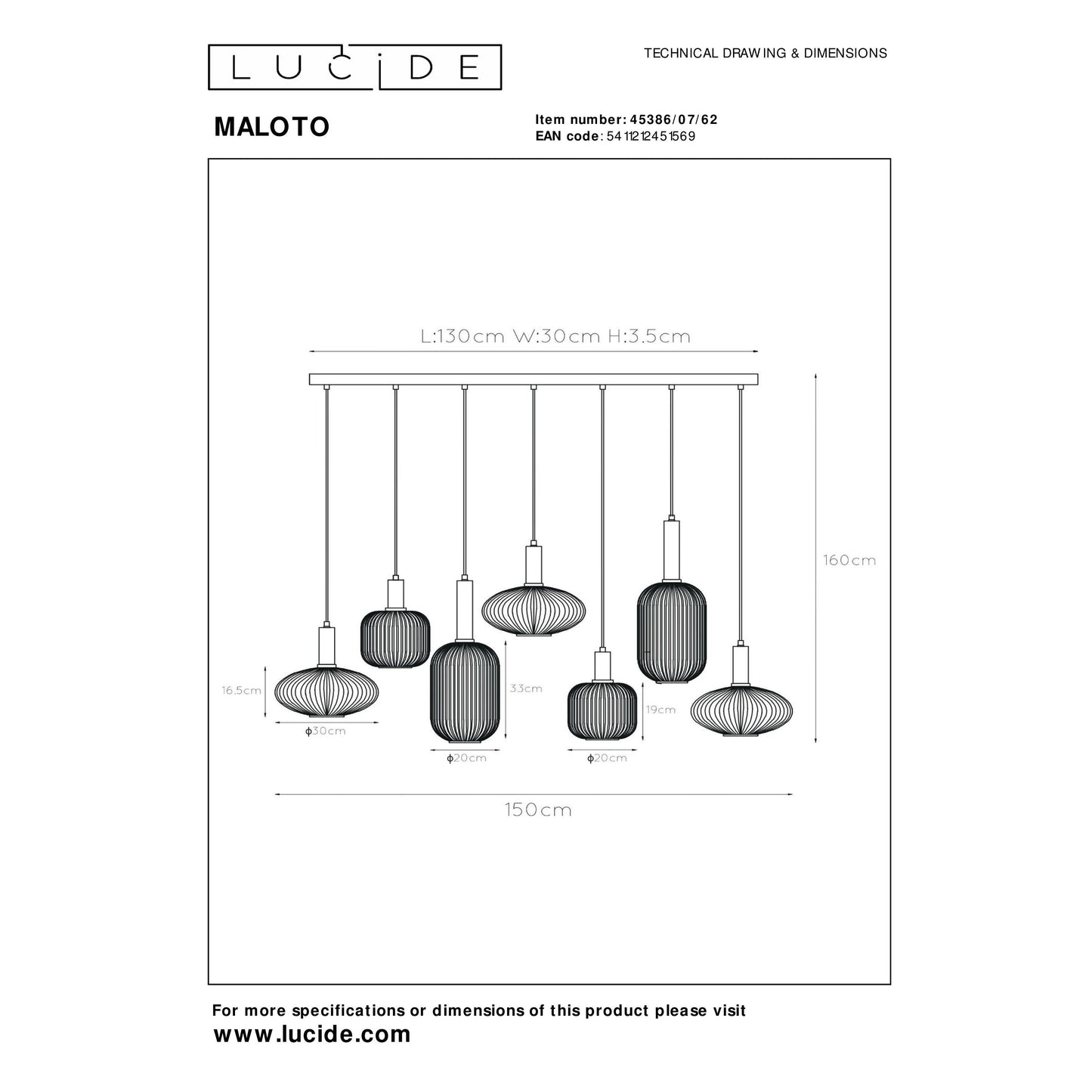 Lucide MALOTO - Pendant light - 7xE27 - Amber