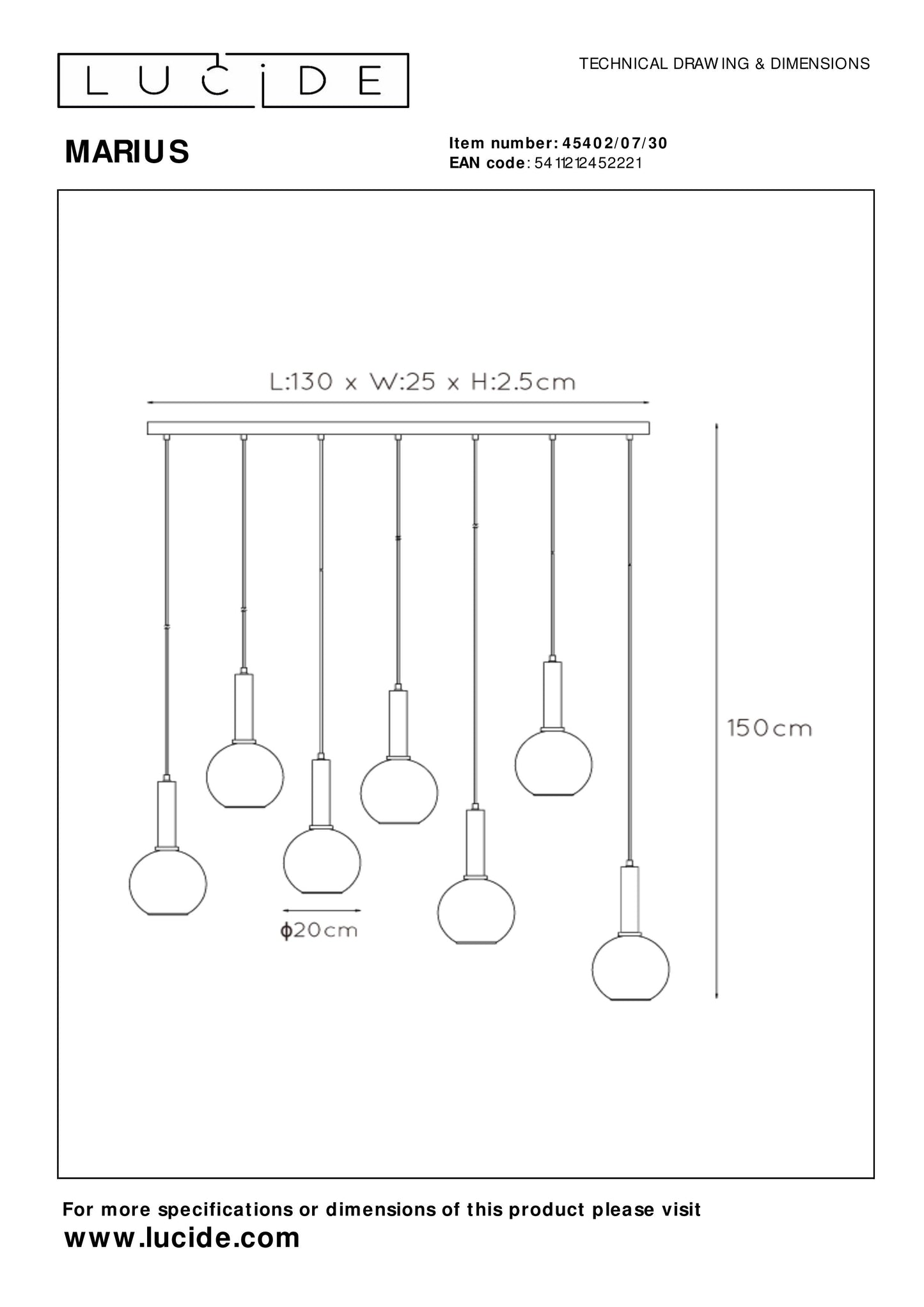 Lucide MARIUS - Pendant light - 7xE27 - Black