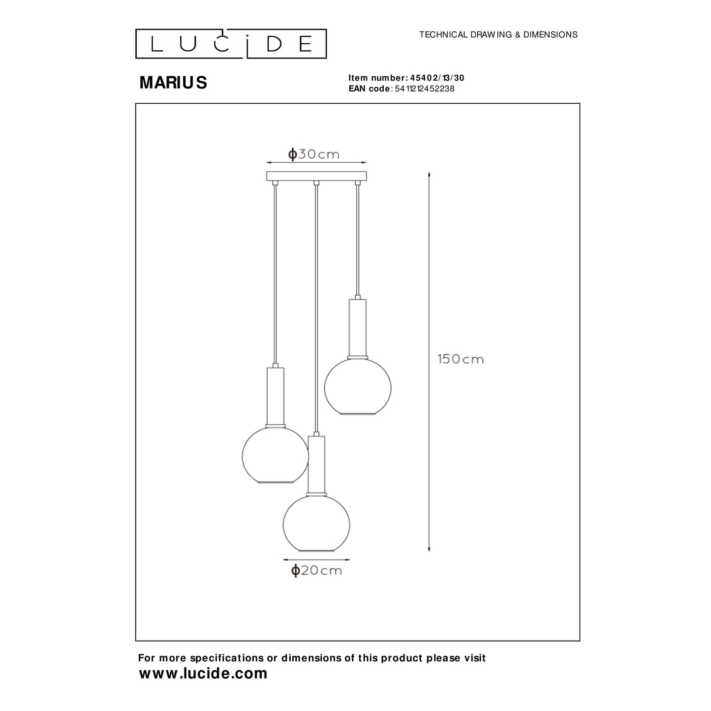 Lucide MARIUS - Pendant light - Ø 48,5 cm - 3xE27 - Black