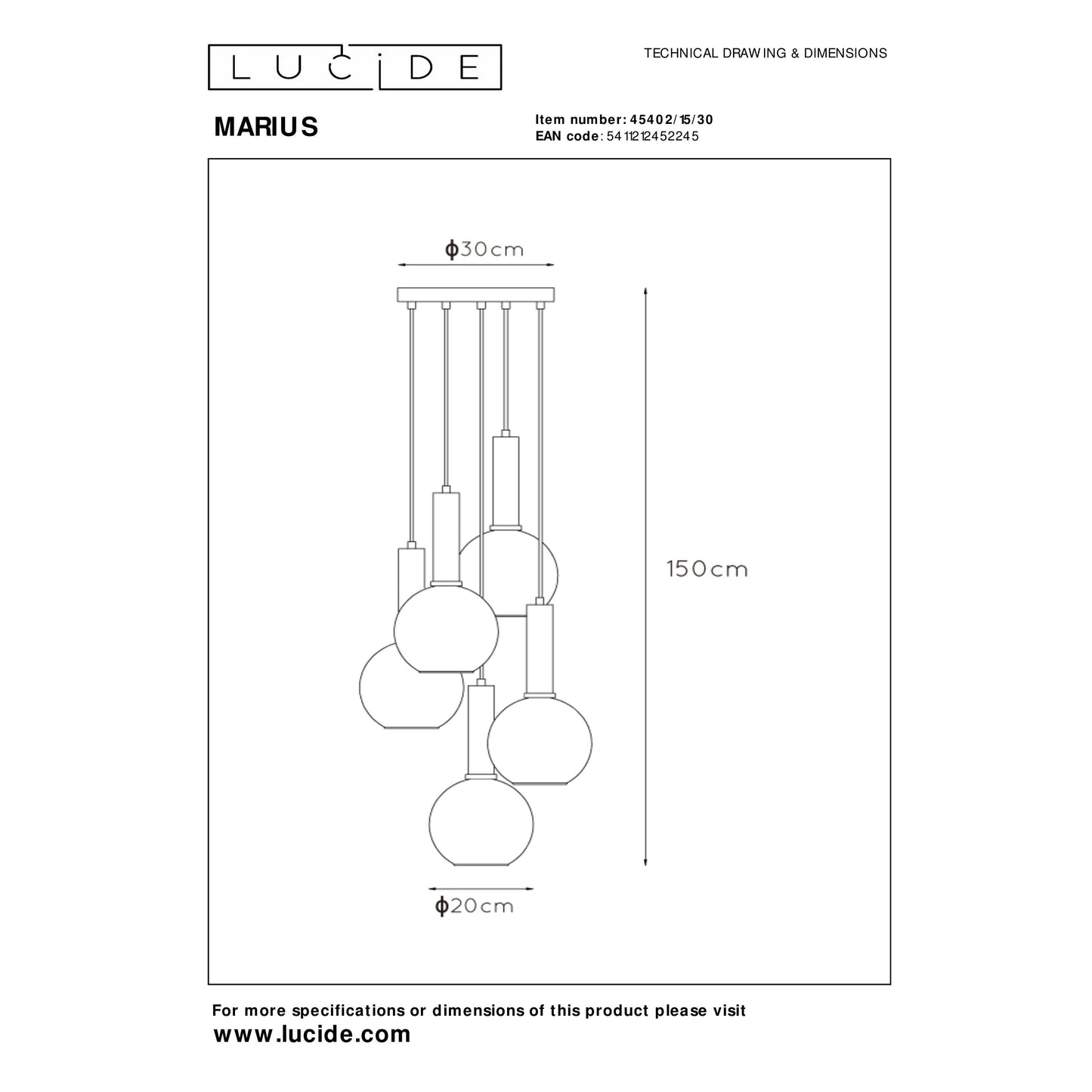 Lucide MARIUS - Pendant light - Ø 55 cm - 5xE27 - Black