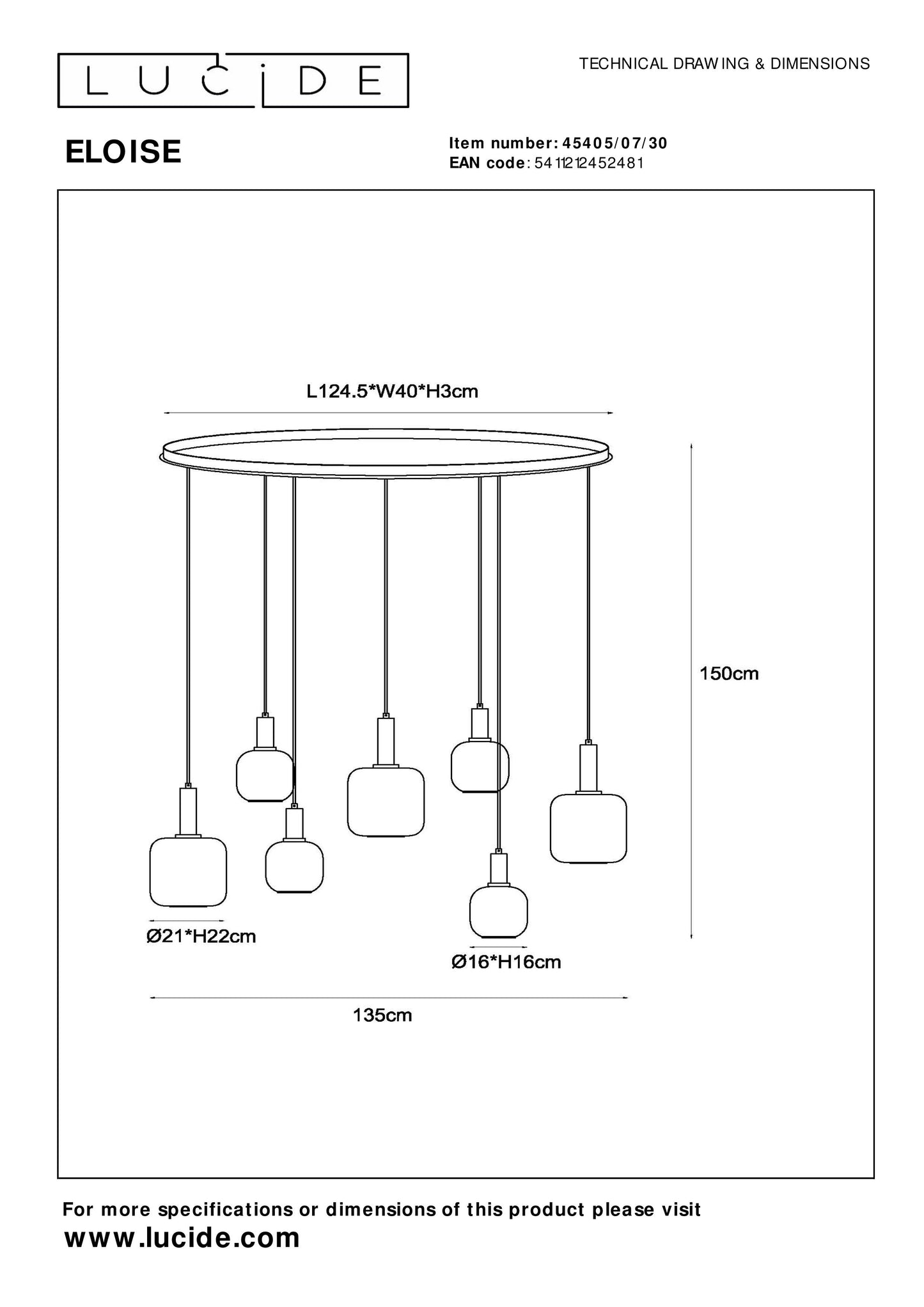 Lucide ELOISE - Pendant light - 7xE27 - Black