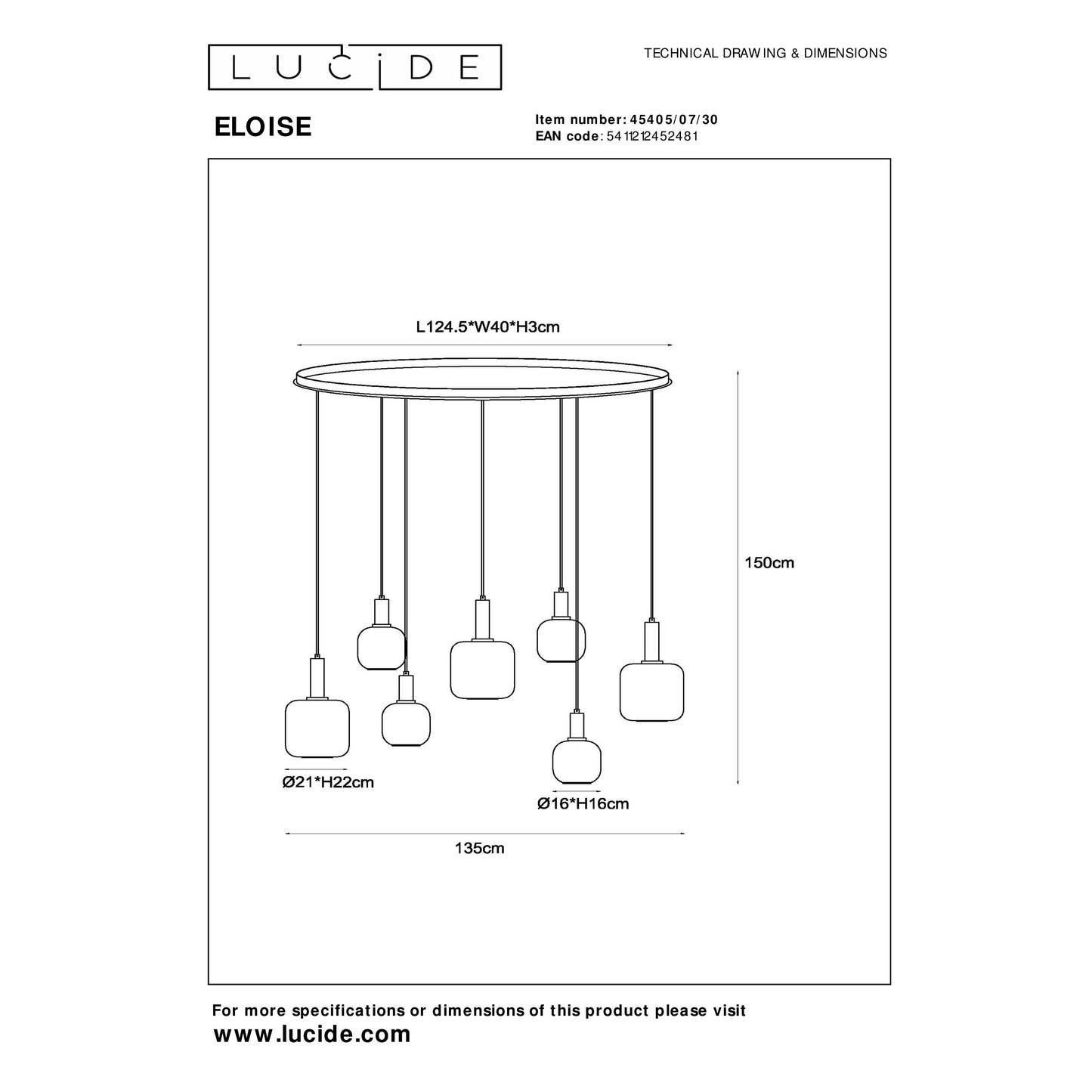 Lucide ELOISE - Pendant light - 7xE27 - Black