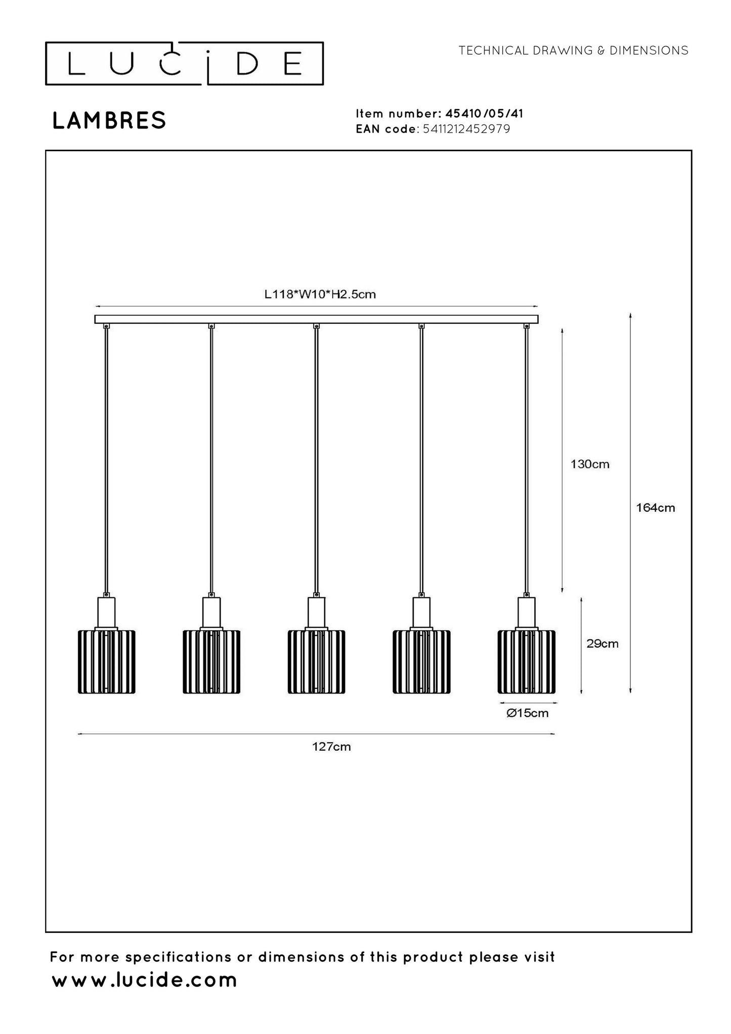 Lucide LAMBRES - Pendant light - 5xE27 - Taupe