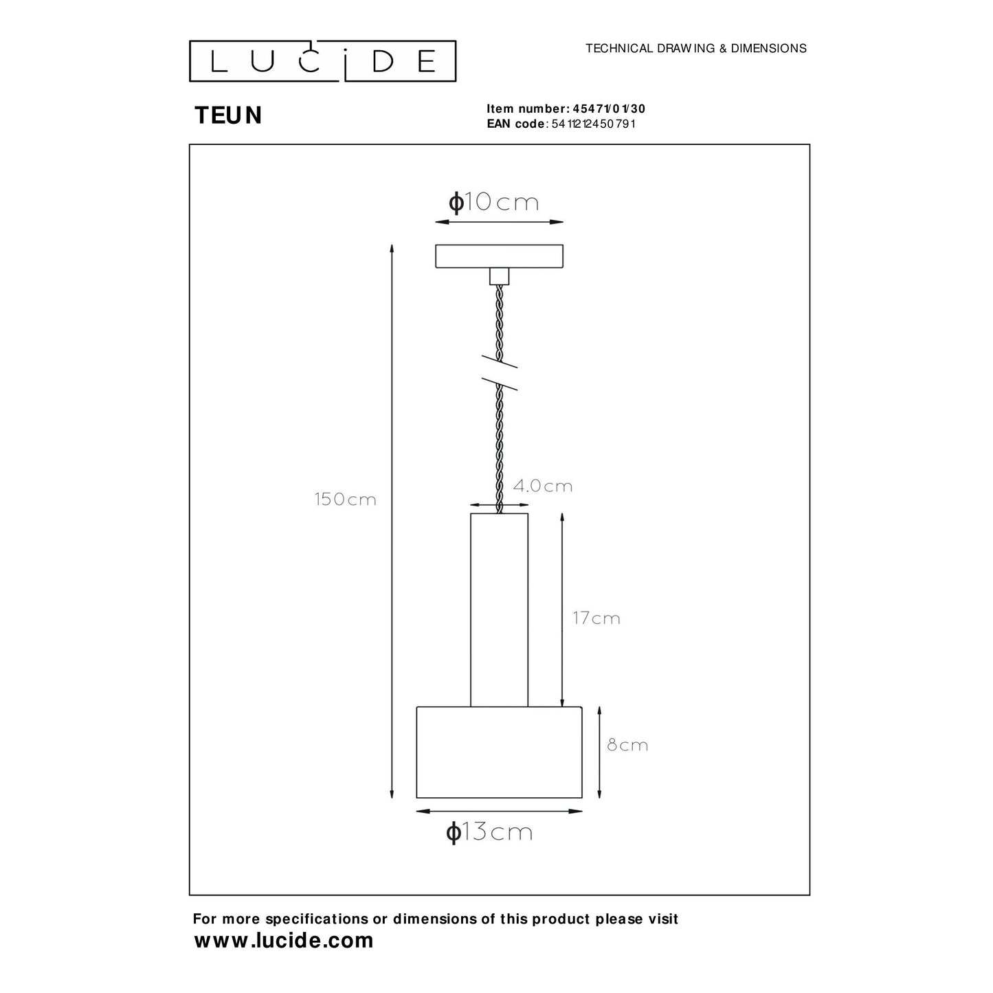 Lucide TEUN - Pendant light - Ø 13 cm - 1xE27 - Black