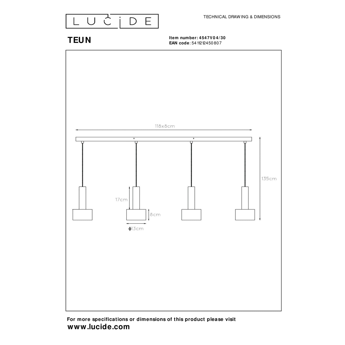 Lucide TEUN - Pendant light - 4xE27 - Black