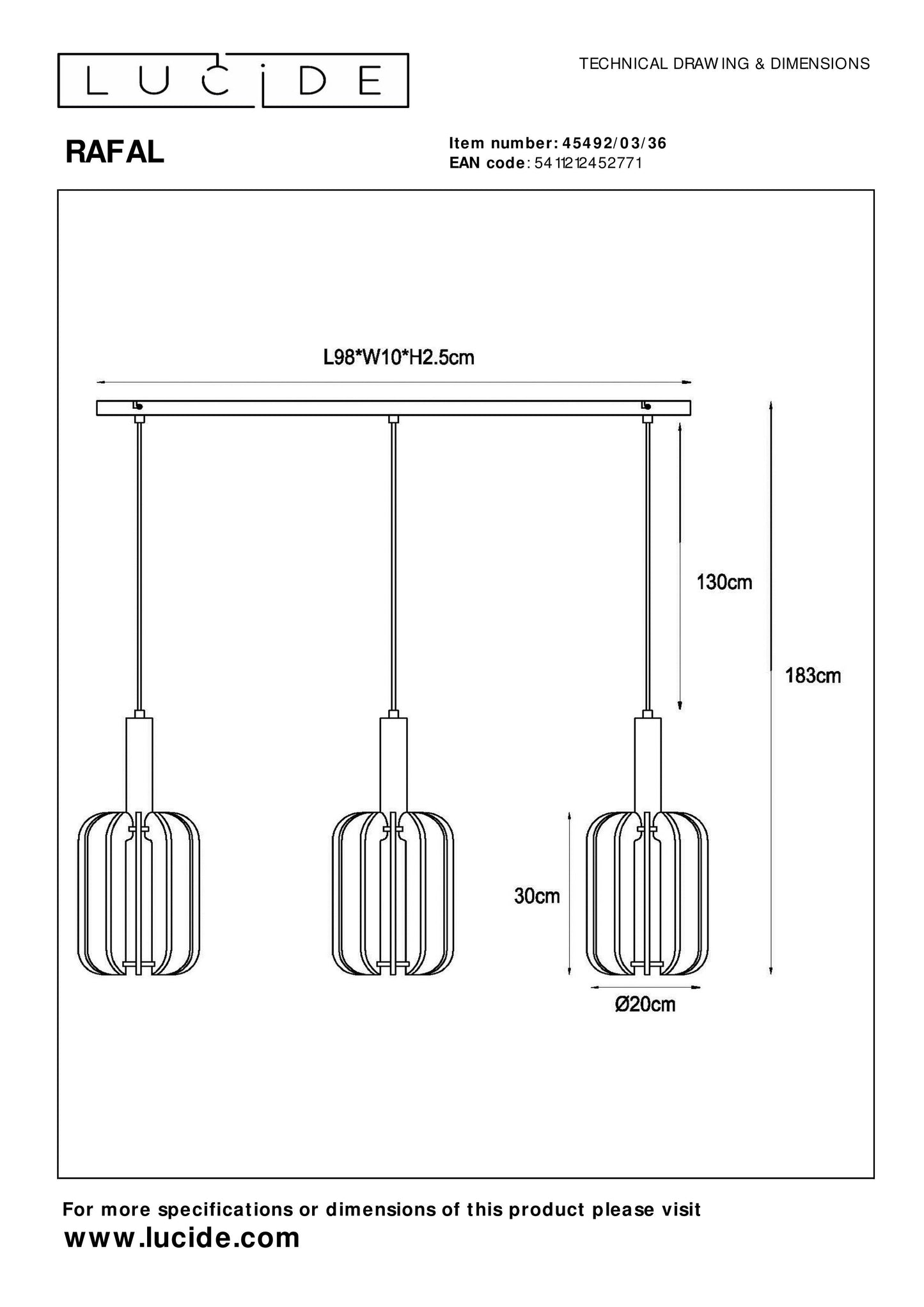 Lucide RAFAL - Pendant light - 3xE27 - Grey