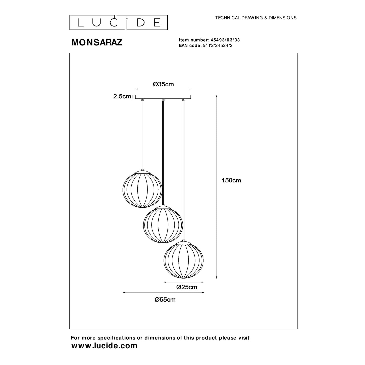 Lucide MONSARAZ - Pendant light - Ø 35 cm - 3xE27 - Green