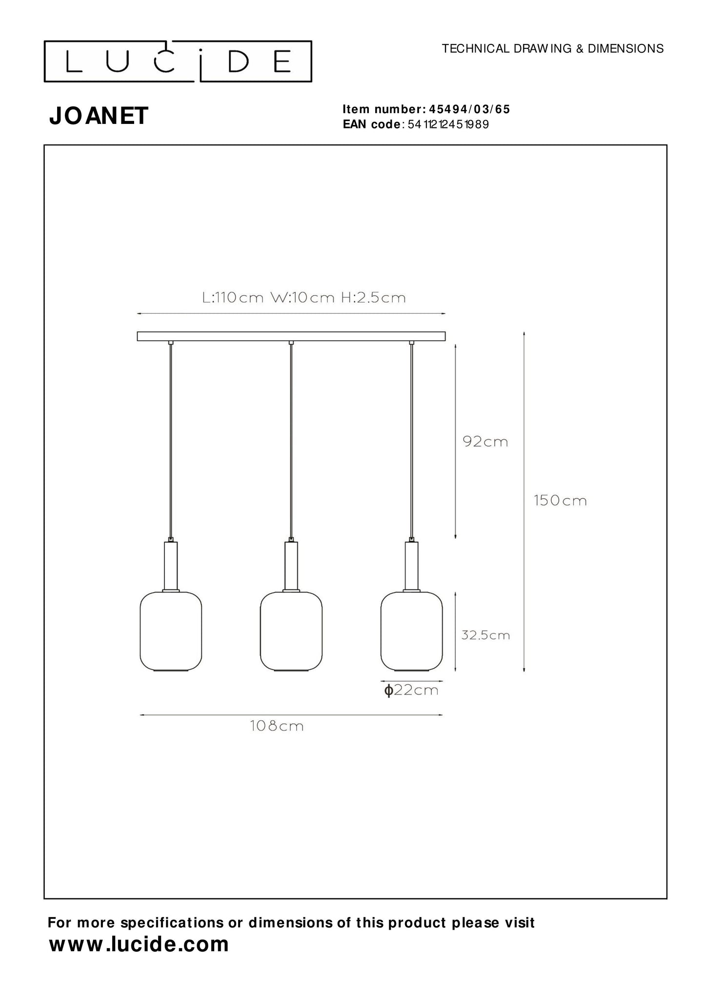 Lucide JOANET - Pendant light - 3xE27 - Smoke Grey