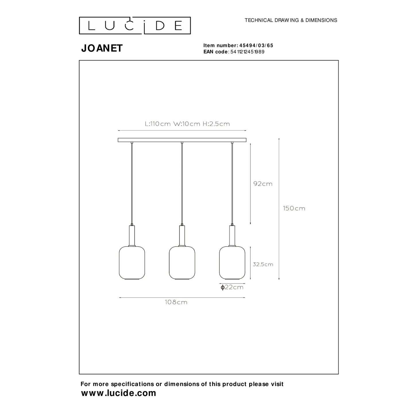 Lucide JOANET - Pendant light - 3xE27 - Smoke Grey