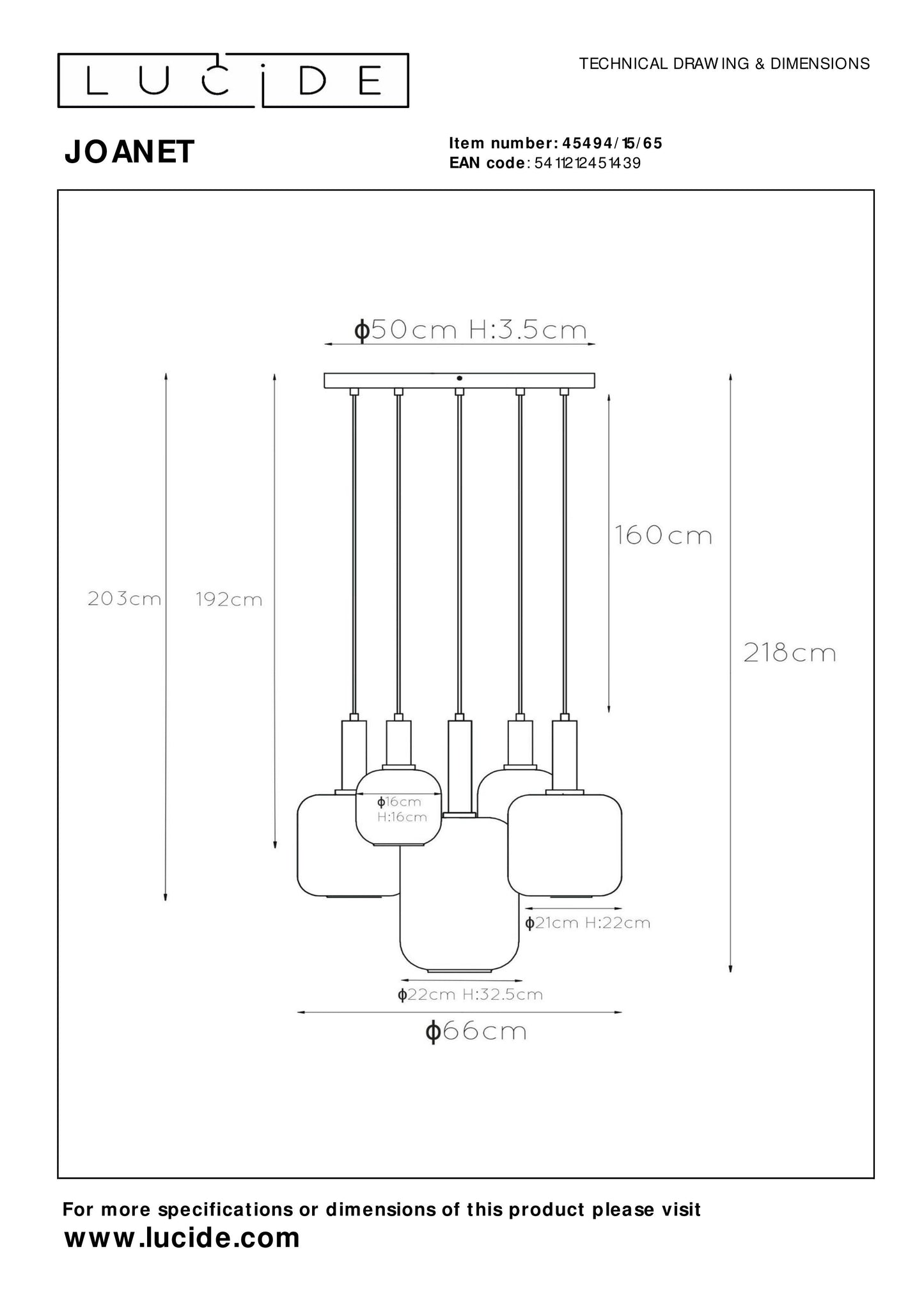 Lucide JOANET - Pendant light - Ø 66 cm - 5xE27 - Smoke Grey