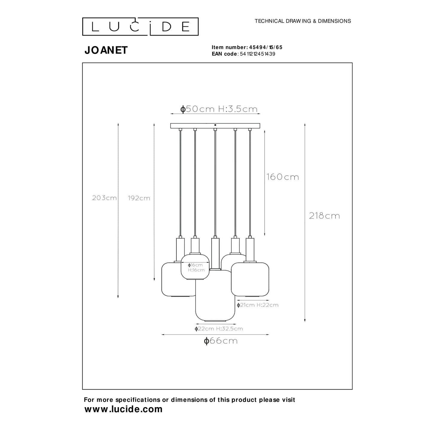 Lucide JOANET - Pendant light - Ø 66 cm - 5xE27 - Smoke Grey