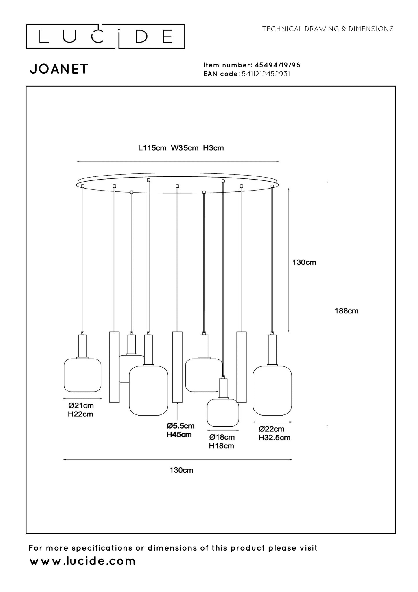 Lucide JOANET - Pendant light - 6xE27 - Brass