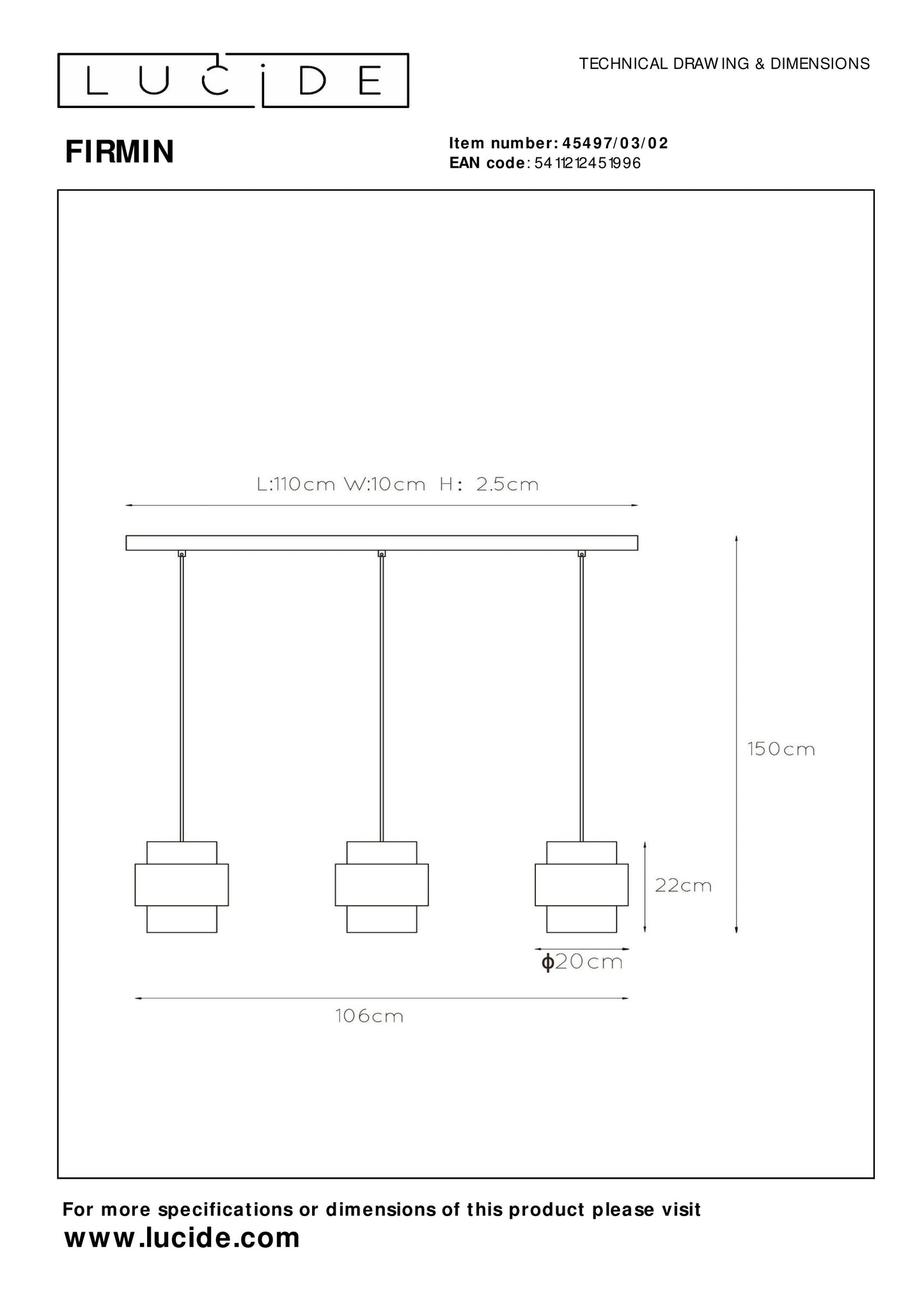 Lucide FIRMIN - Pendant light - 3xE27 - Matt Gold / Brass