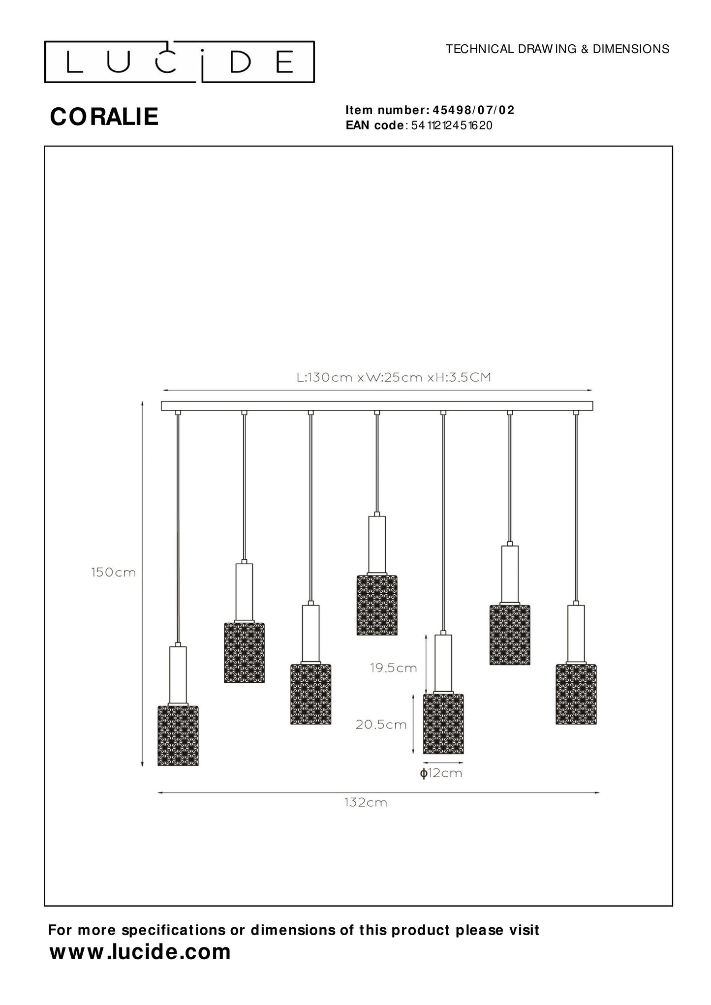 Lucide CORALIE - Pendant light - 7xE27 - Matt Gold / Brass