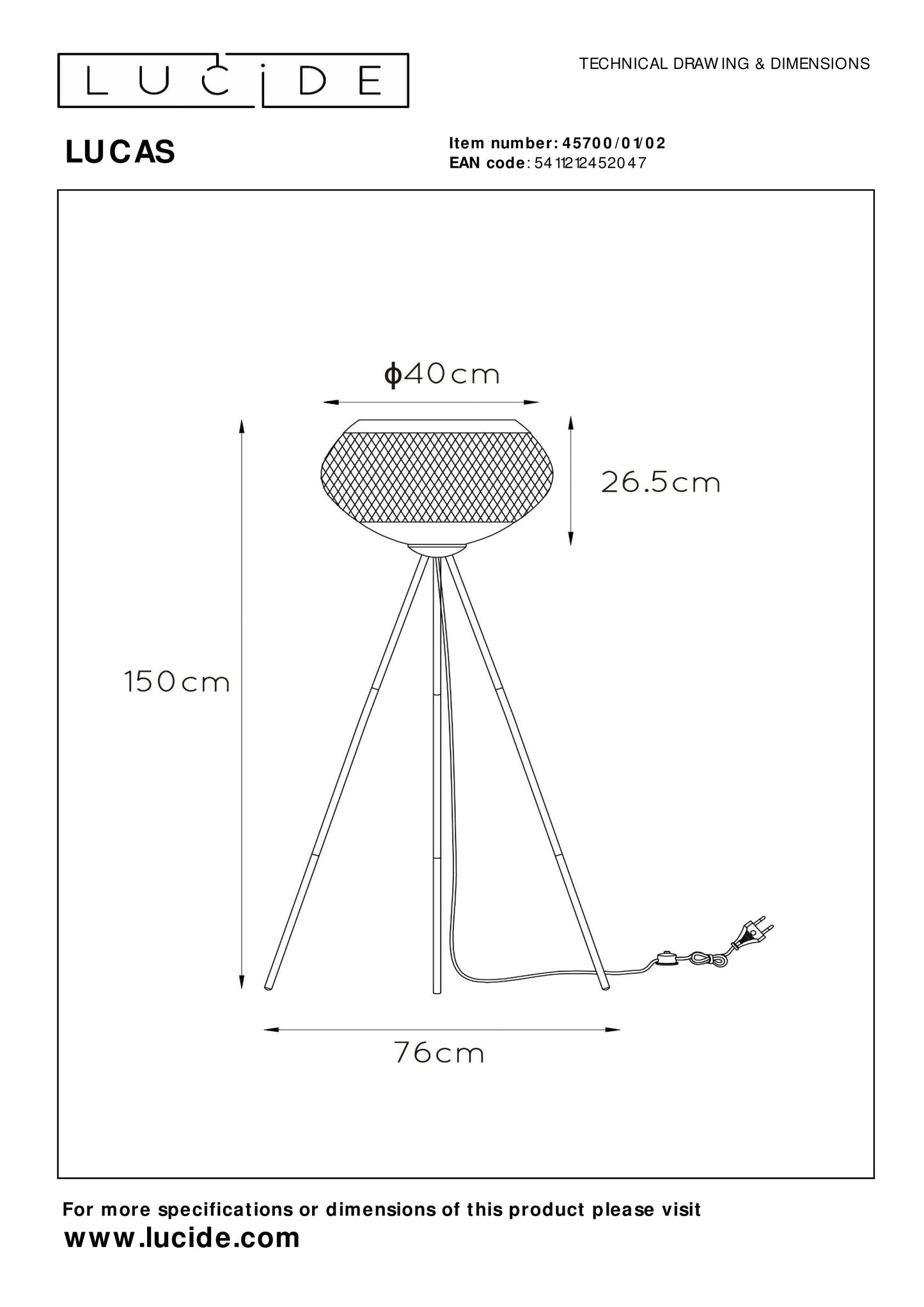 Lucide LUCAS - Floor lamp - Ø 40 cm - 1xE27 - Matt Gold / Brass