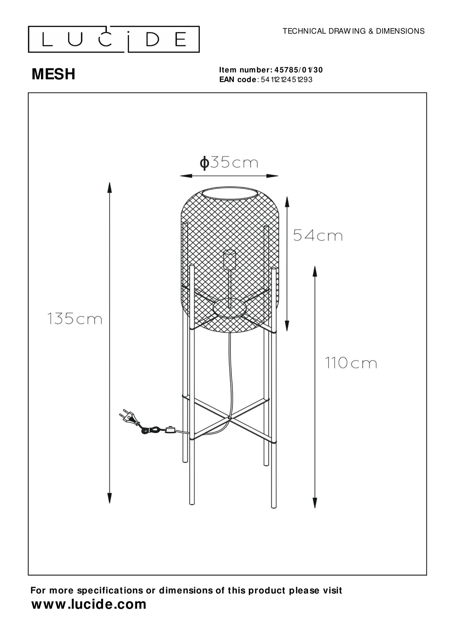 Lucide MESH - Floor lamp - Ø 35 cm - 1xE27 - Black