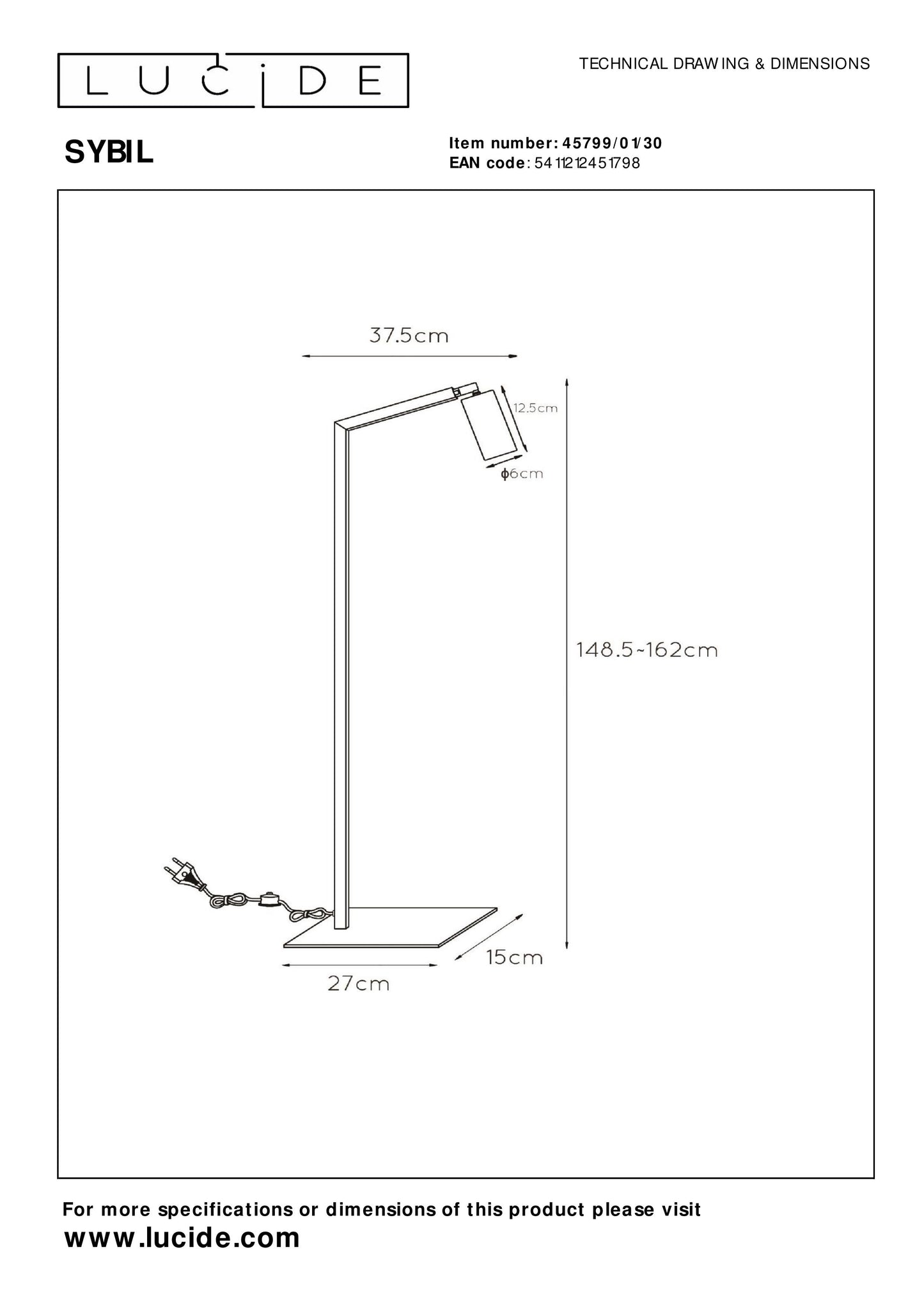 Lucide SYBIL - Floor reading lamp - 1xGU10 - Black