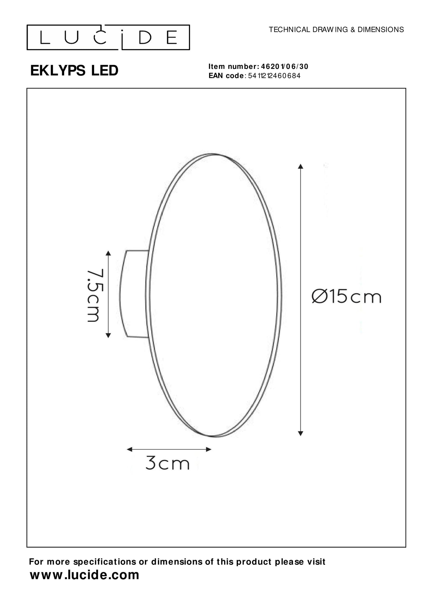 Lucide EKLYPS LED - Wall light - Ø 15 cm - LED - 1x7W 3000K - Black