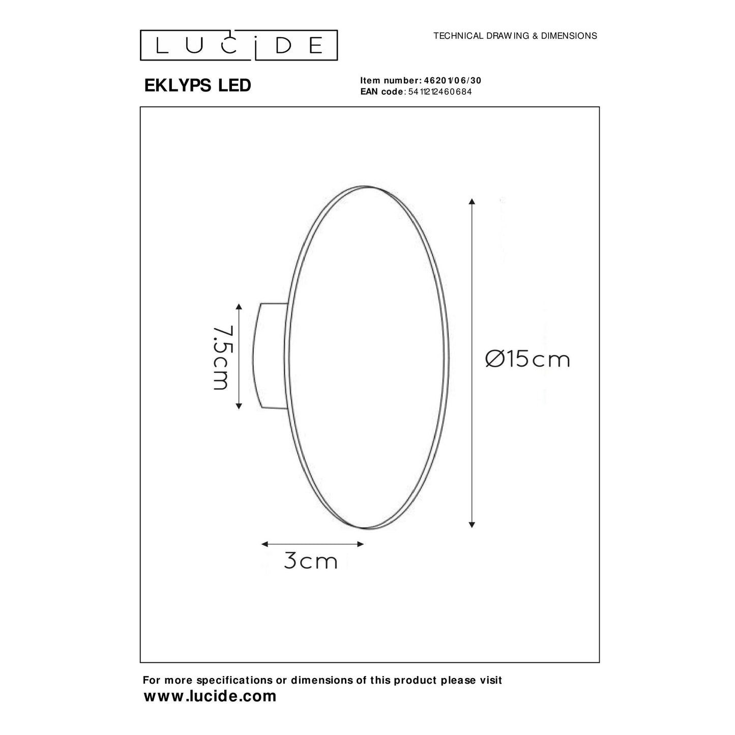 Lucide EKLYPS LED - Wall light - Ø 15 cm - LED - 1x7W 3000K - Black