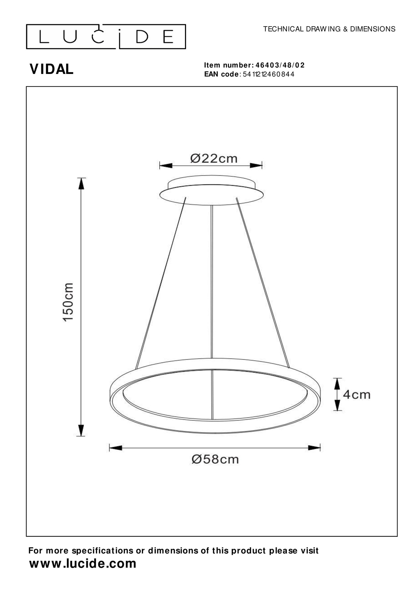 Lucide VIDAL - Pendant light - Ø 58 cm - LED Dim. - 1x48W 2700K - Matt Gold / Brass