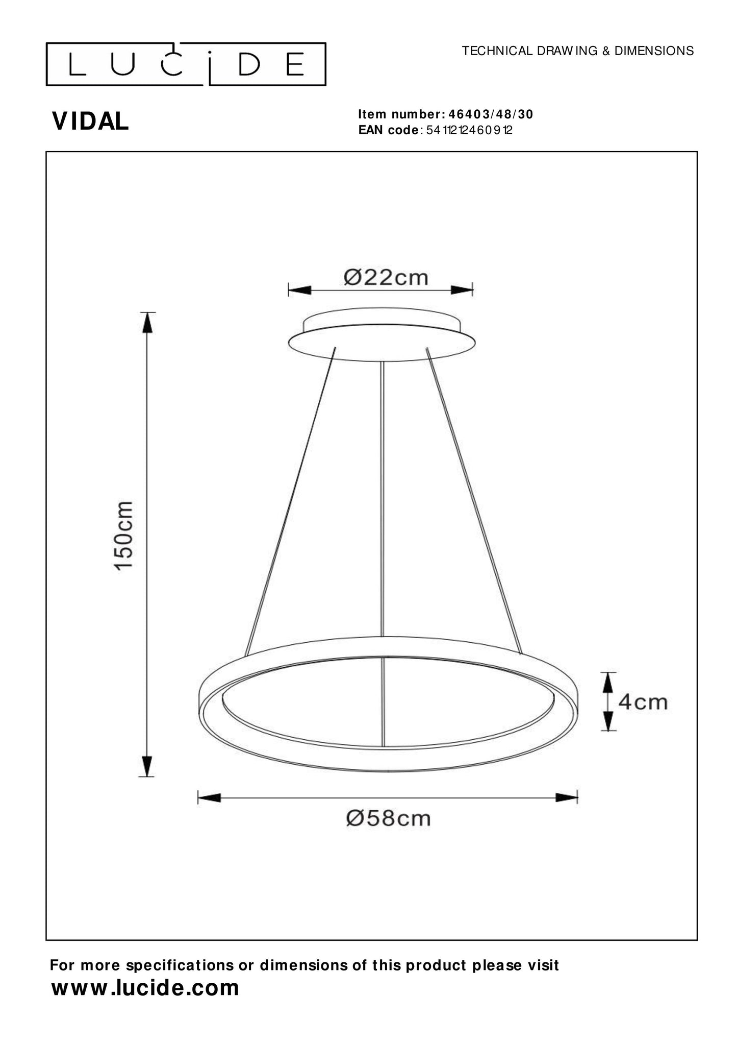 Lucide VIDAL - Pendant light - Ø 58 cm - LED Dim. - 1x48W 2700K - Black