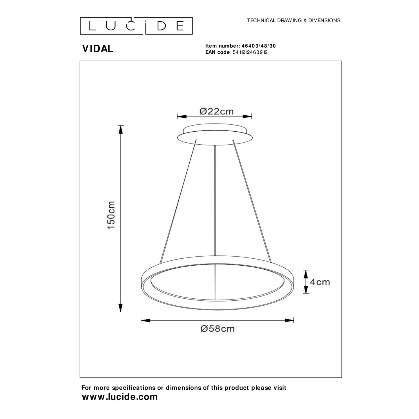 Lucide VIDAL - Pendant light - Ø 58 cm - LED Dim. - 1x48W 2700K - Black