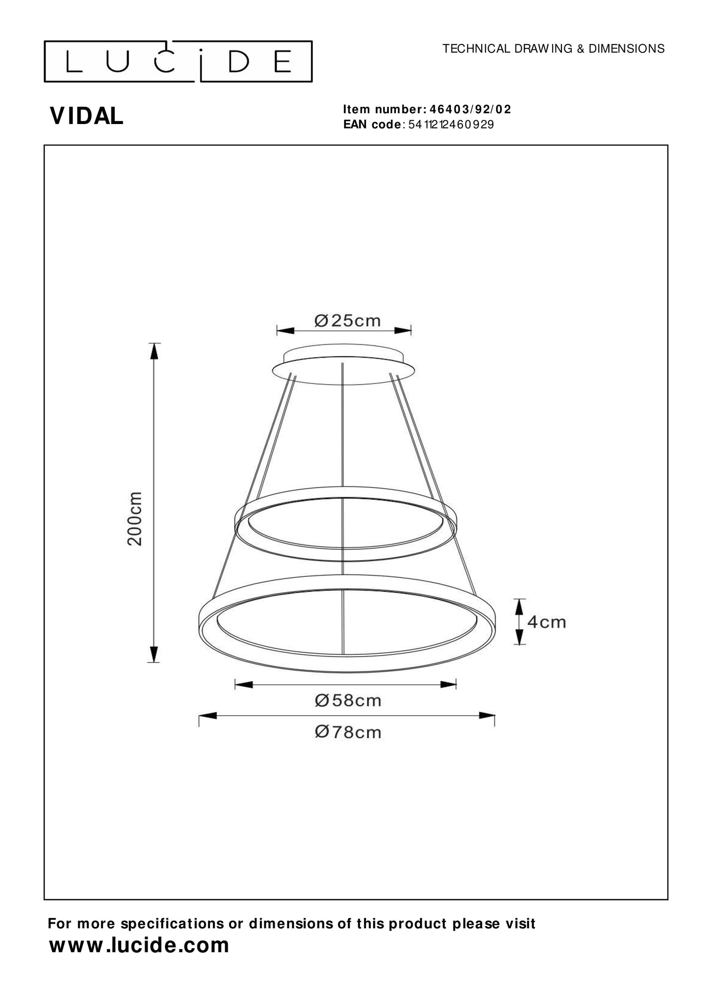 Lucide VIDAL - Pendant light - Ø 78 cm - LED Dim. - 1x92W 2700K - Matt Gold / Brass