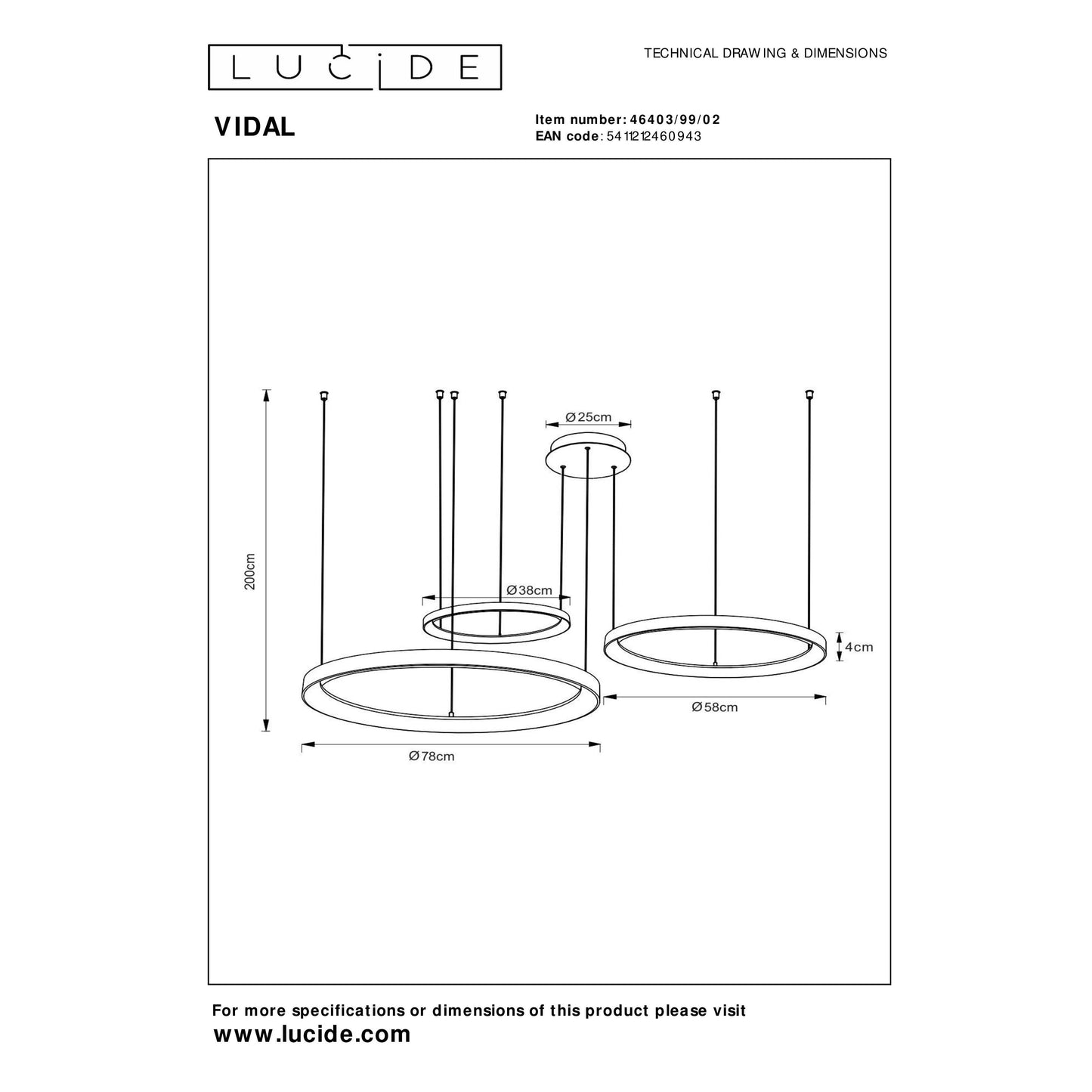 Lucide VIDAL - Pendant light - Ø 78 cm - LED Dim. - 1x120W 2700K - Matt Gold / Brass