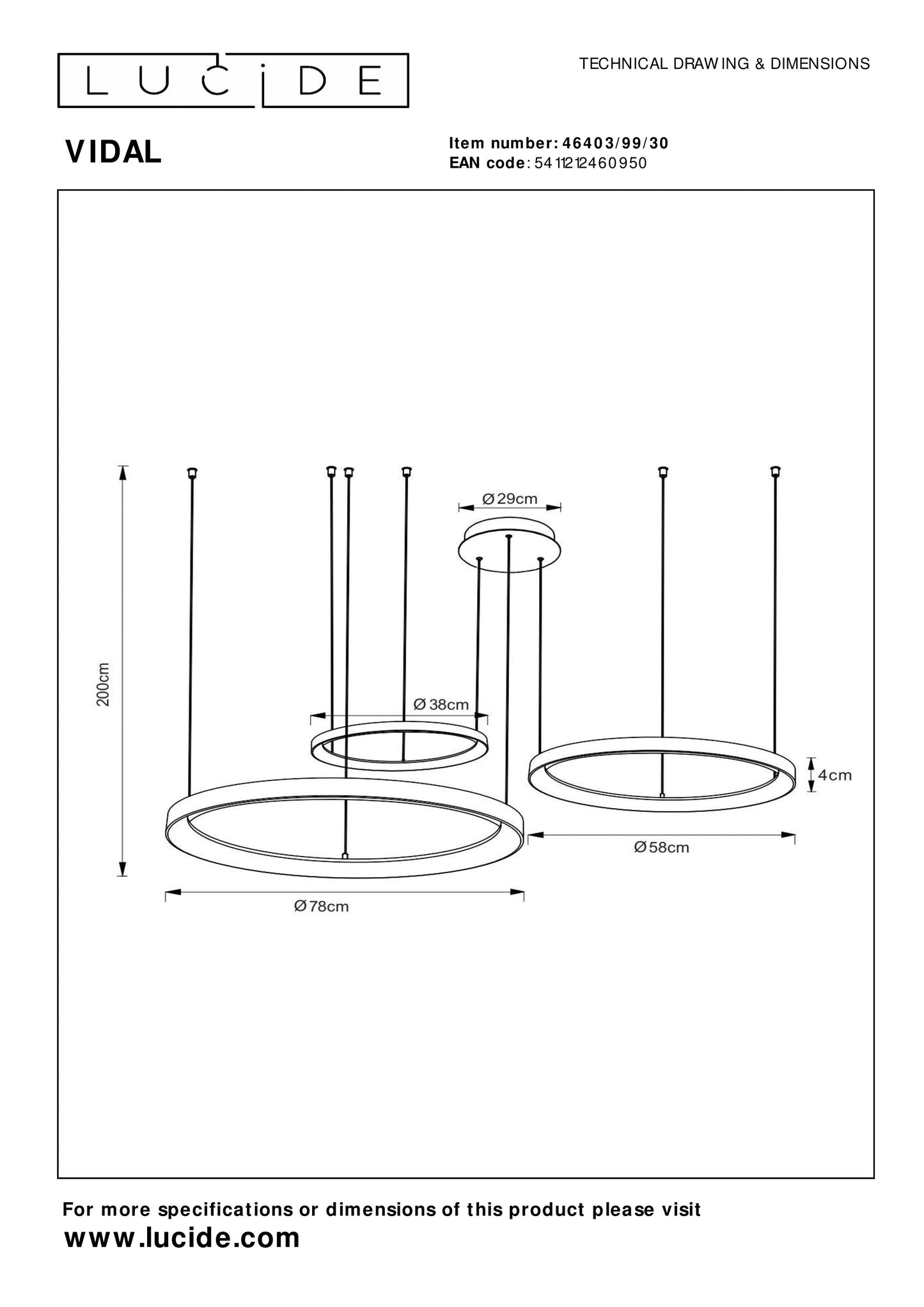 Lucide VIDAL - Pendant light - Ø 78 cm - LED Dim. - 1x120W 2700K - Black