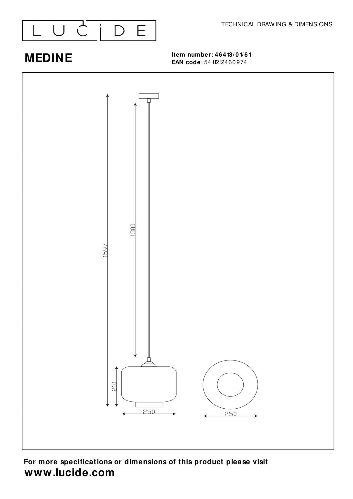 Lucide MEDINE - Pendant light - Ø 25 cm - 1xE27 - Opal