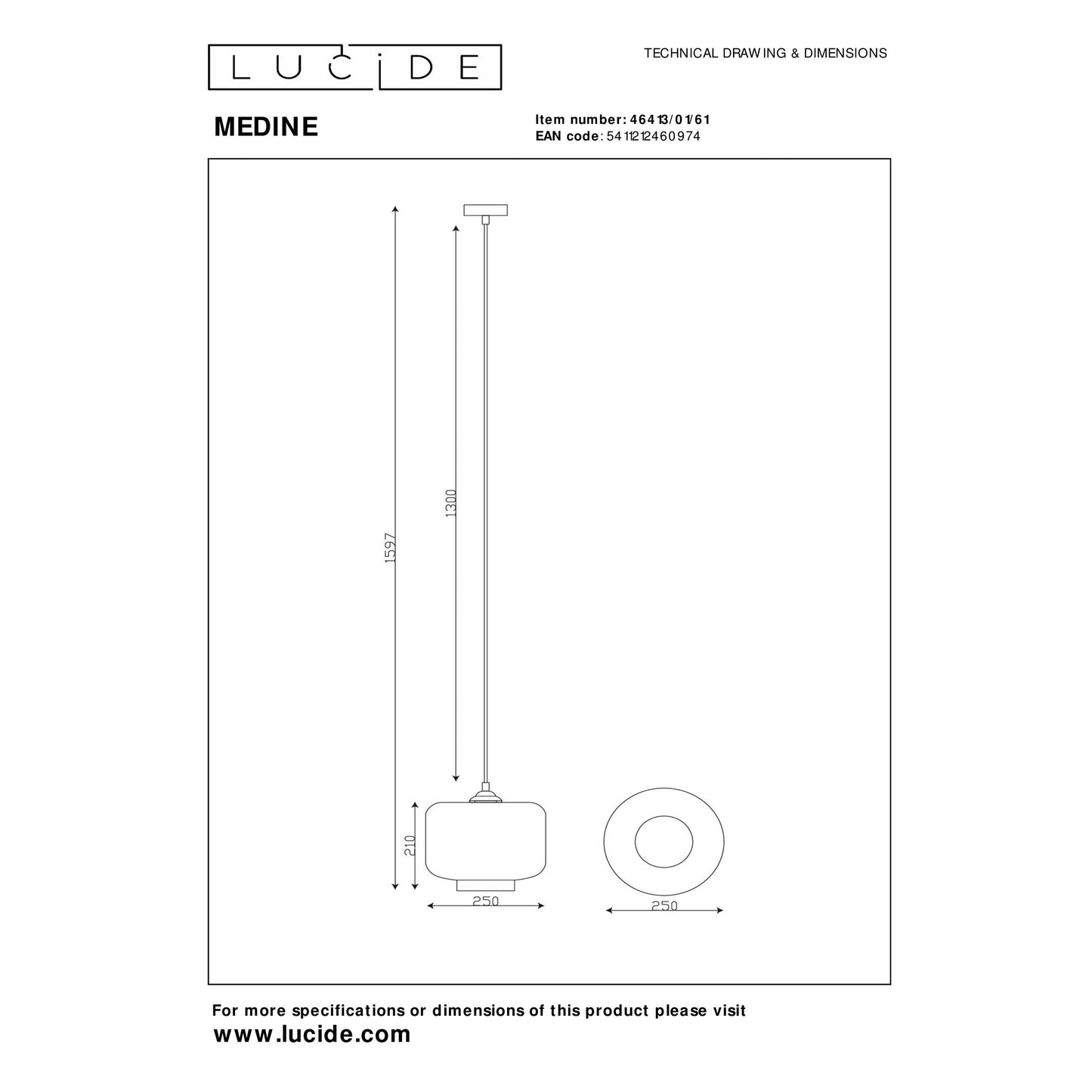 Lucide MEDINE - Pendant light - Ø 25 cm - 1xE27 - Opal