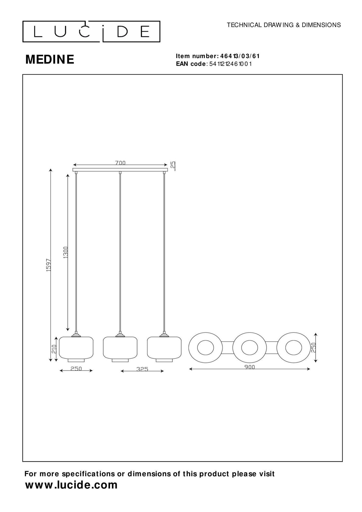 Lucide MEDINE - Pendant light - 3xE27 - Opal