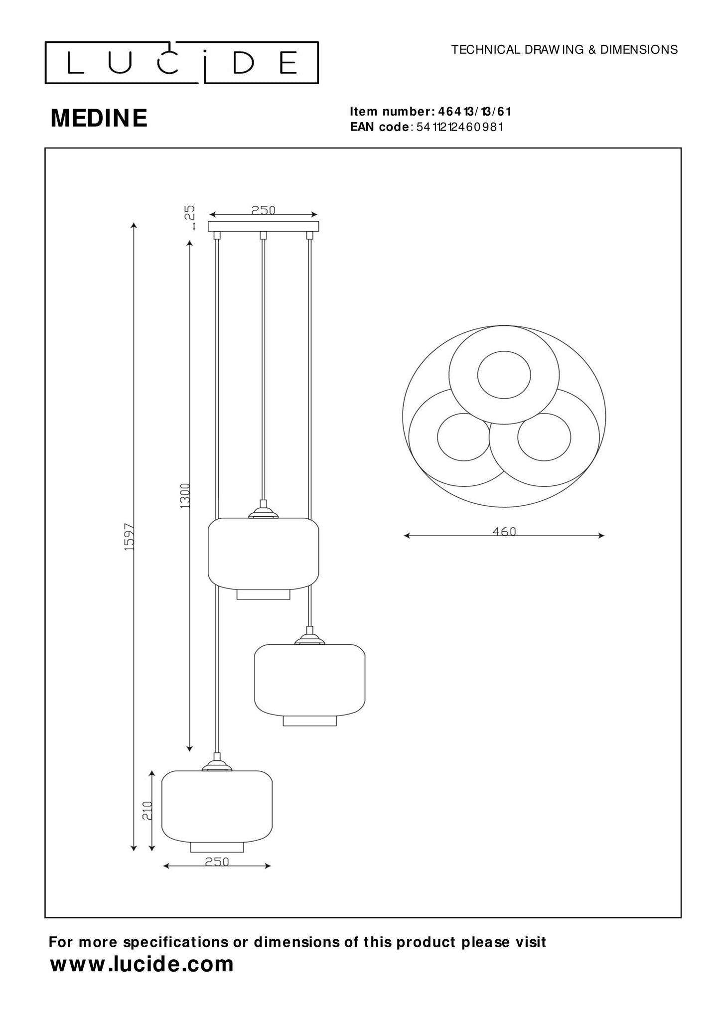 Lucide MEDINE - Pendant light - Ø 46 cm - 3xE27 - Opal