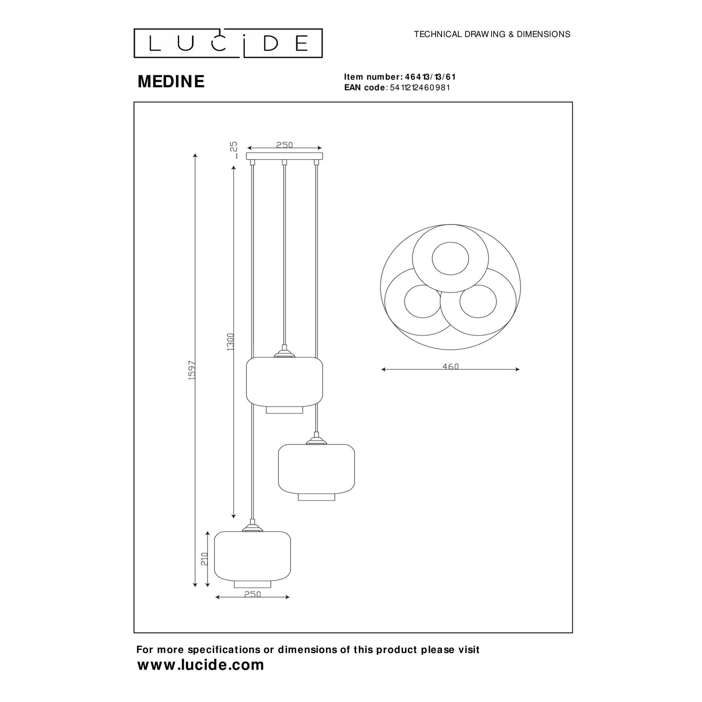 Lucide MEDINE - Pendant light - Ø 46 cm - 3xE27 - Opal