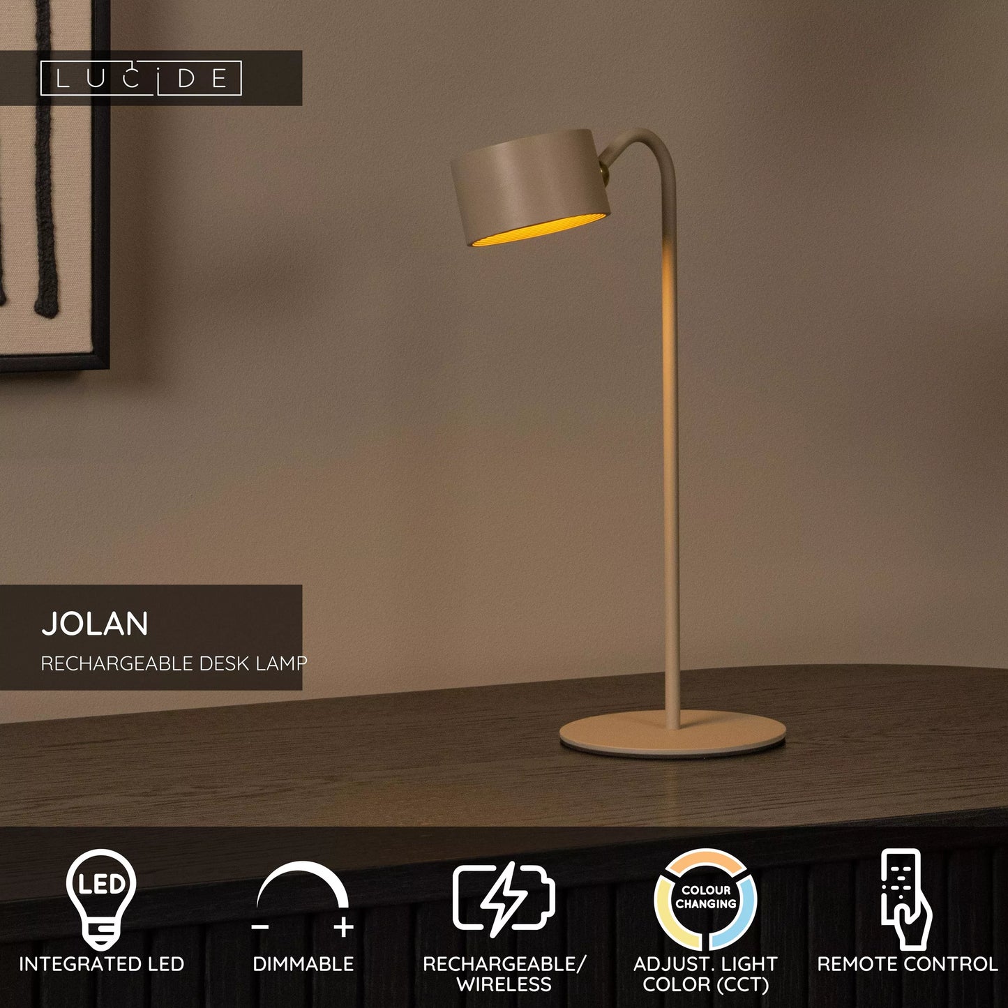Lucide JOLAN - Rechargeable Desk lamp/Clamp lamp/Wall lamp - Battery pack - LED Dim to warm - 1x3,5W 2700K/5700K - Taupe
