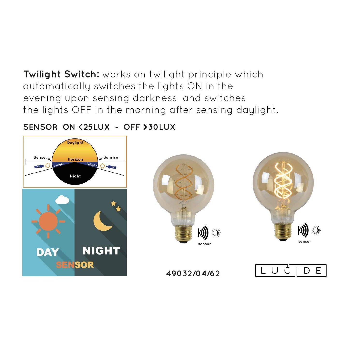 Lucide G95 TWILIGHT SENSOR - Filament bulb - Ø 9,5 cm - LED - E27 - 1x4W 2200K - Day/Night Sensor - Amber