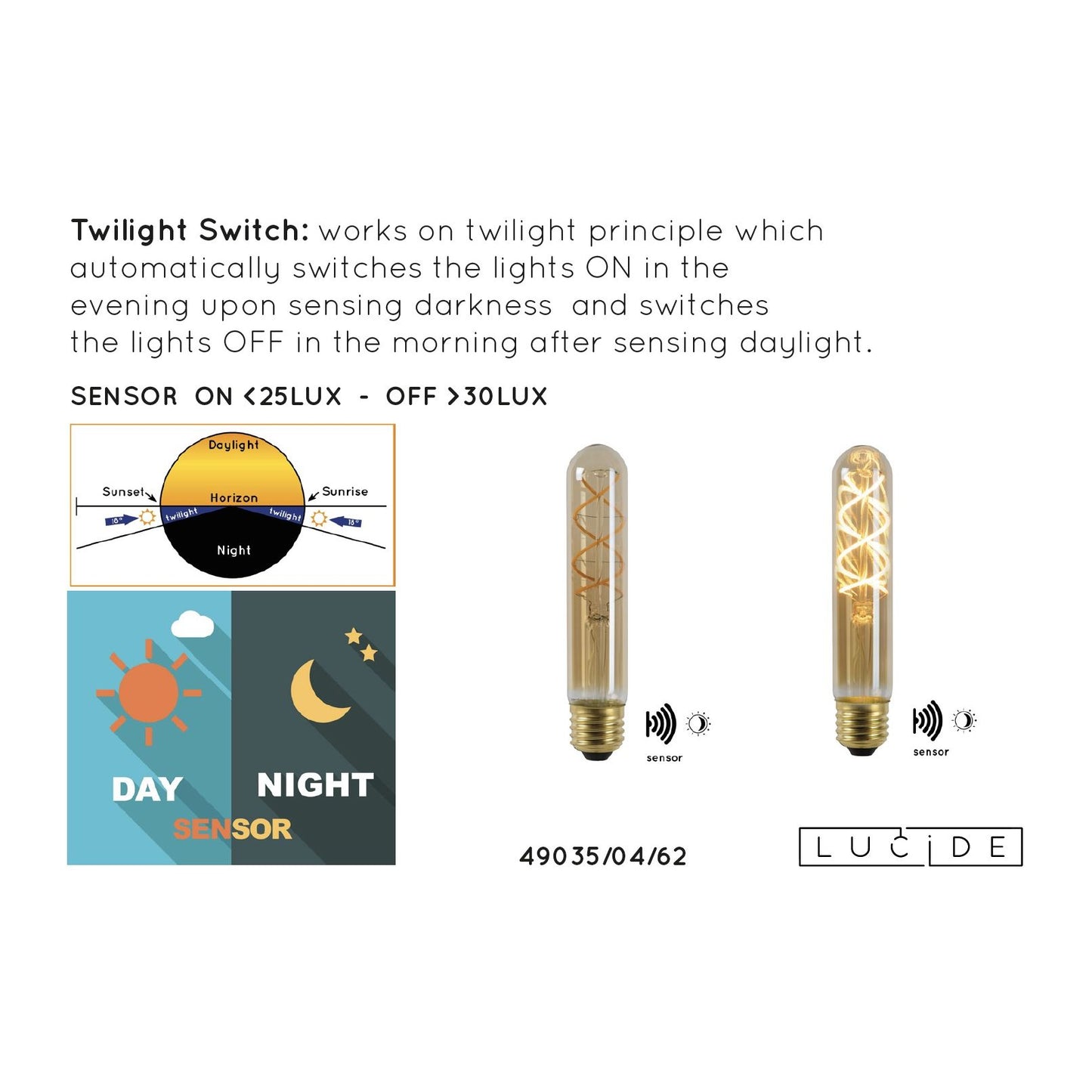 Lucide T32 TWILIGHT SENSOR - Filament bulb - Ø 3 cm - LED - E27 - 1x4W 2200K - Day/Night Sensor - Amber