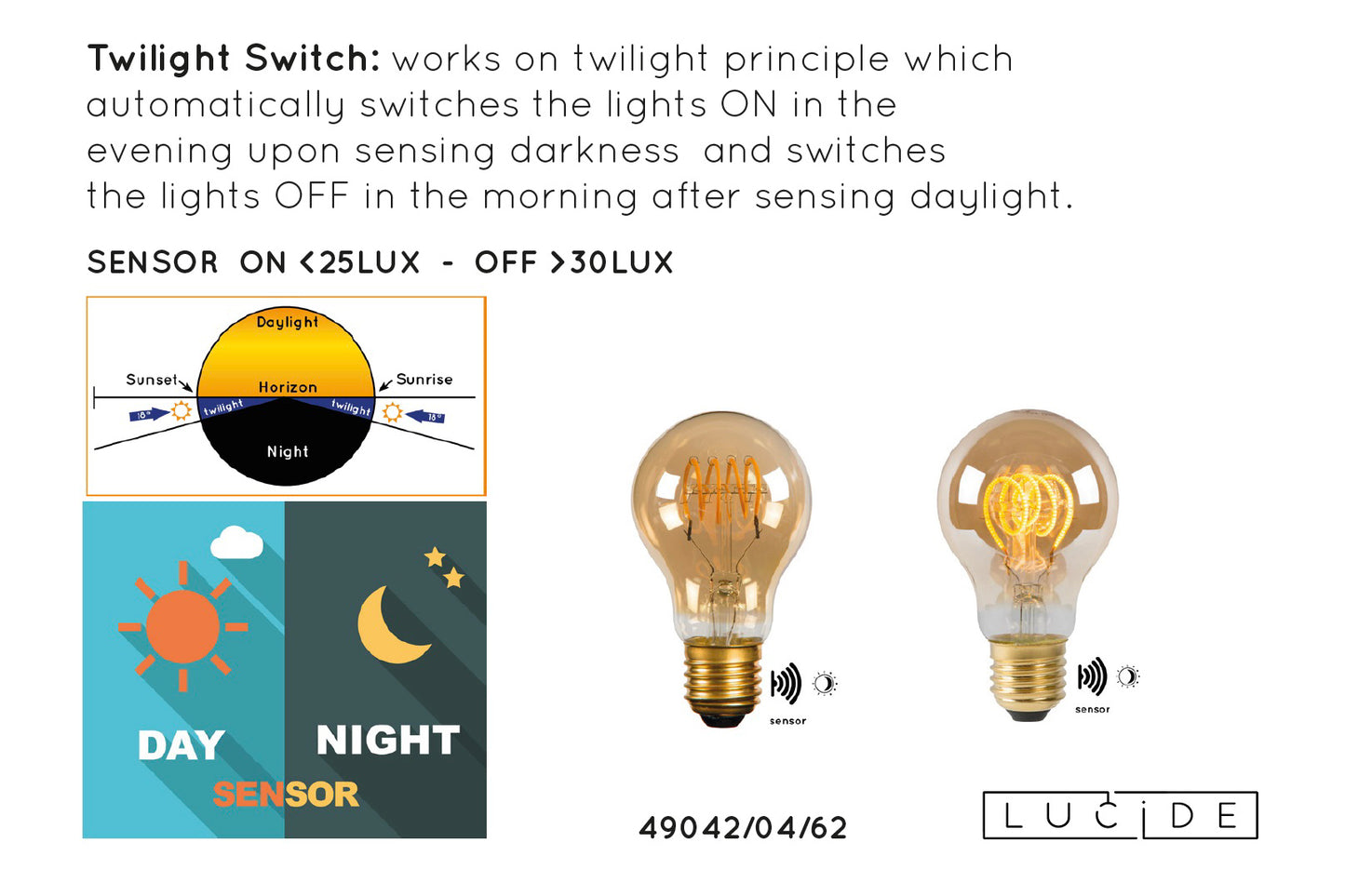 Lucide A60 TWILIGHT SENSOR - Filament bulb - Ø 6 cm - LED - E27 - 1x4W 2200K - Day/Night Sensor - Amber