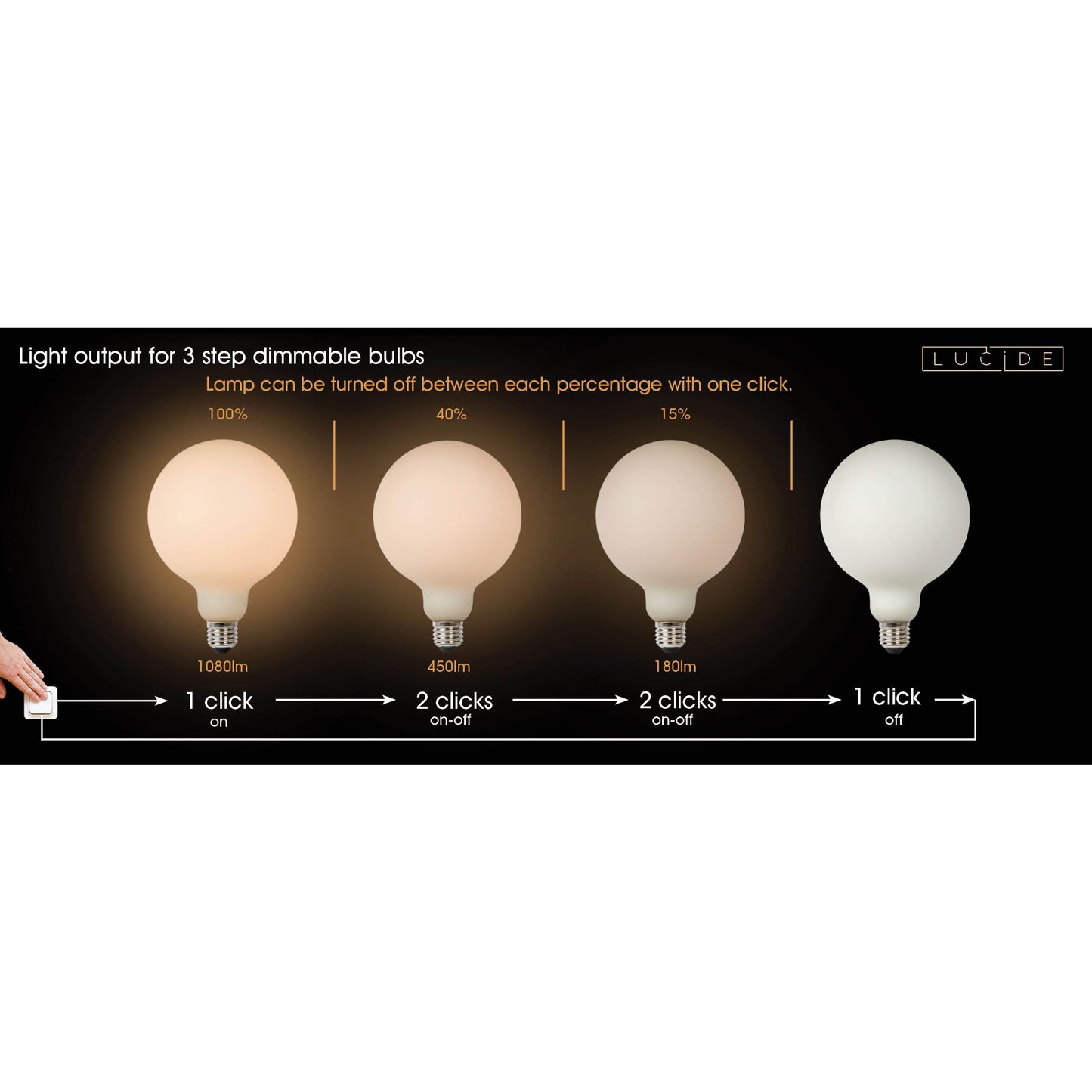 Lucide G125 - Filament bulb - Ø 12,5 cm - LED Dim. - E27 - 1x8W 2700K - 3 StepDim - Opal