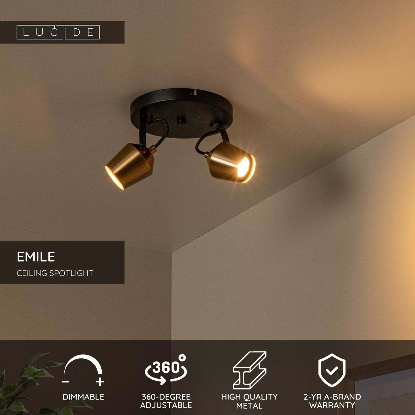 Lucide EMILE - Ceiling spotlight - Ø 20 cm - 2xGU10 - Matt Gold / Brass