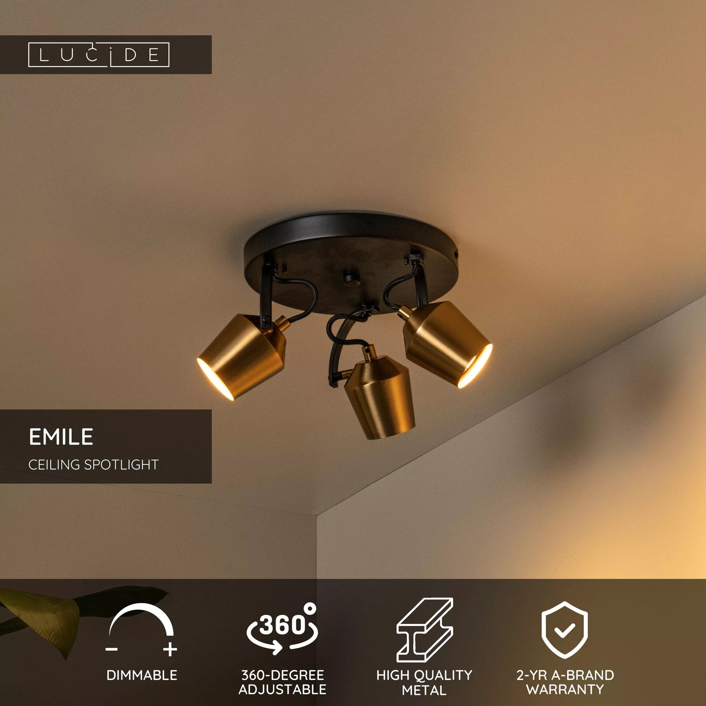 Lucide EMILE - Ceiling spotlight - Ø 23 cm - 3xGU10 - Matt Gold / Brass