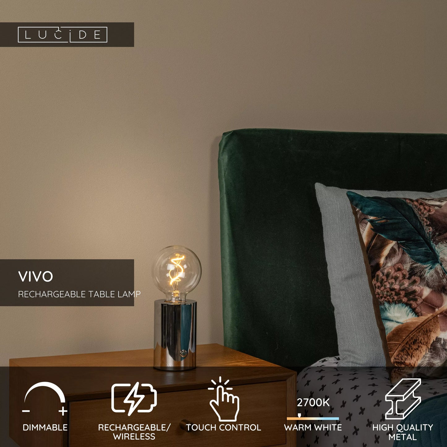 Lucide VIVO - Rechargeable Table lamp - Battery pack - Ø 8 cm - LED Dim. - E27 - 1x1W 2700K - Chrome